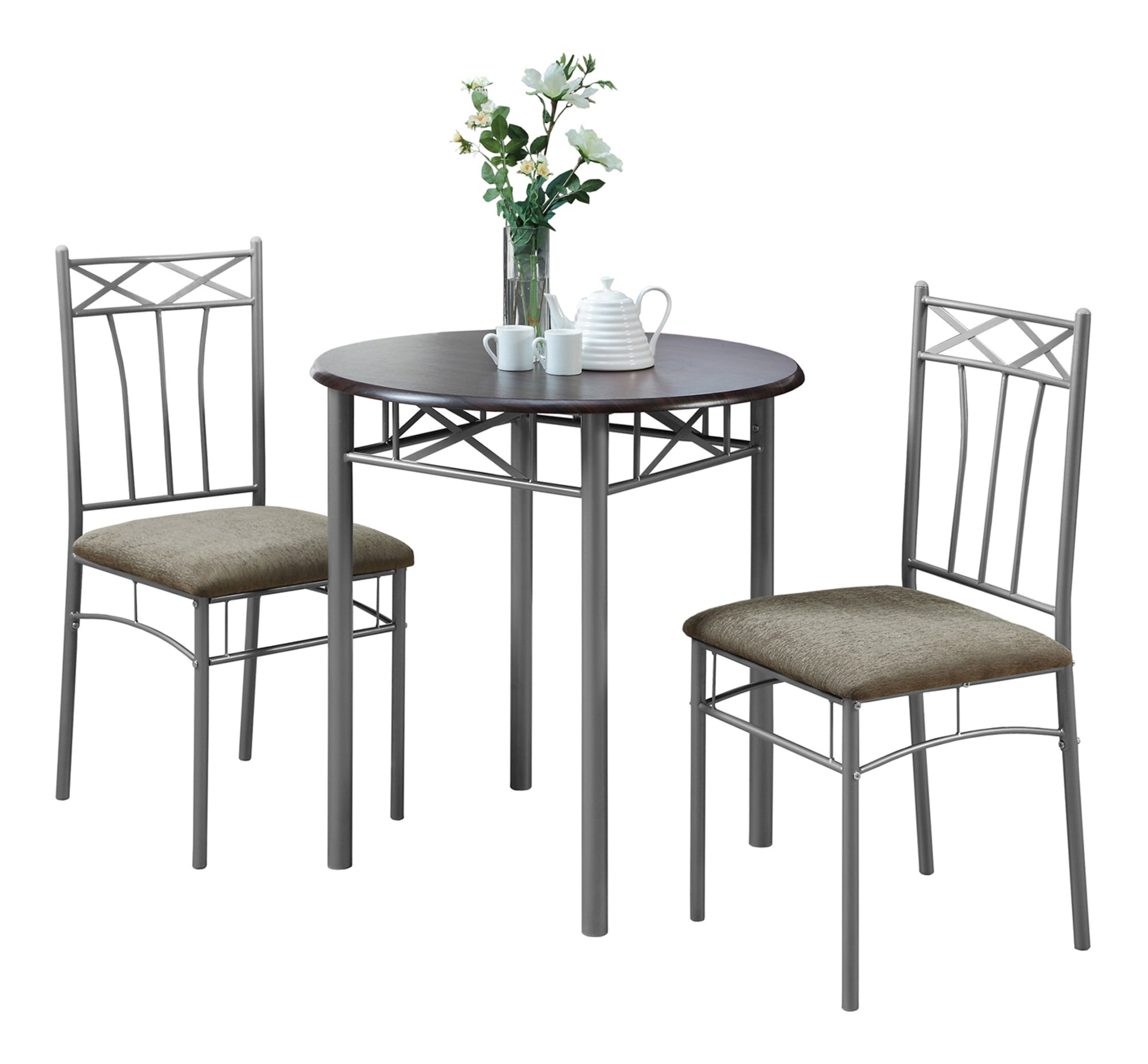 DINING SET - 3PCS SET / ESPRESSO / SILVER METAL # I 3075