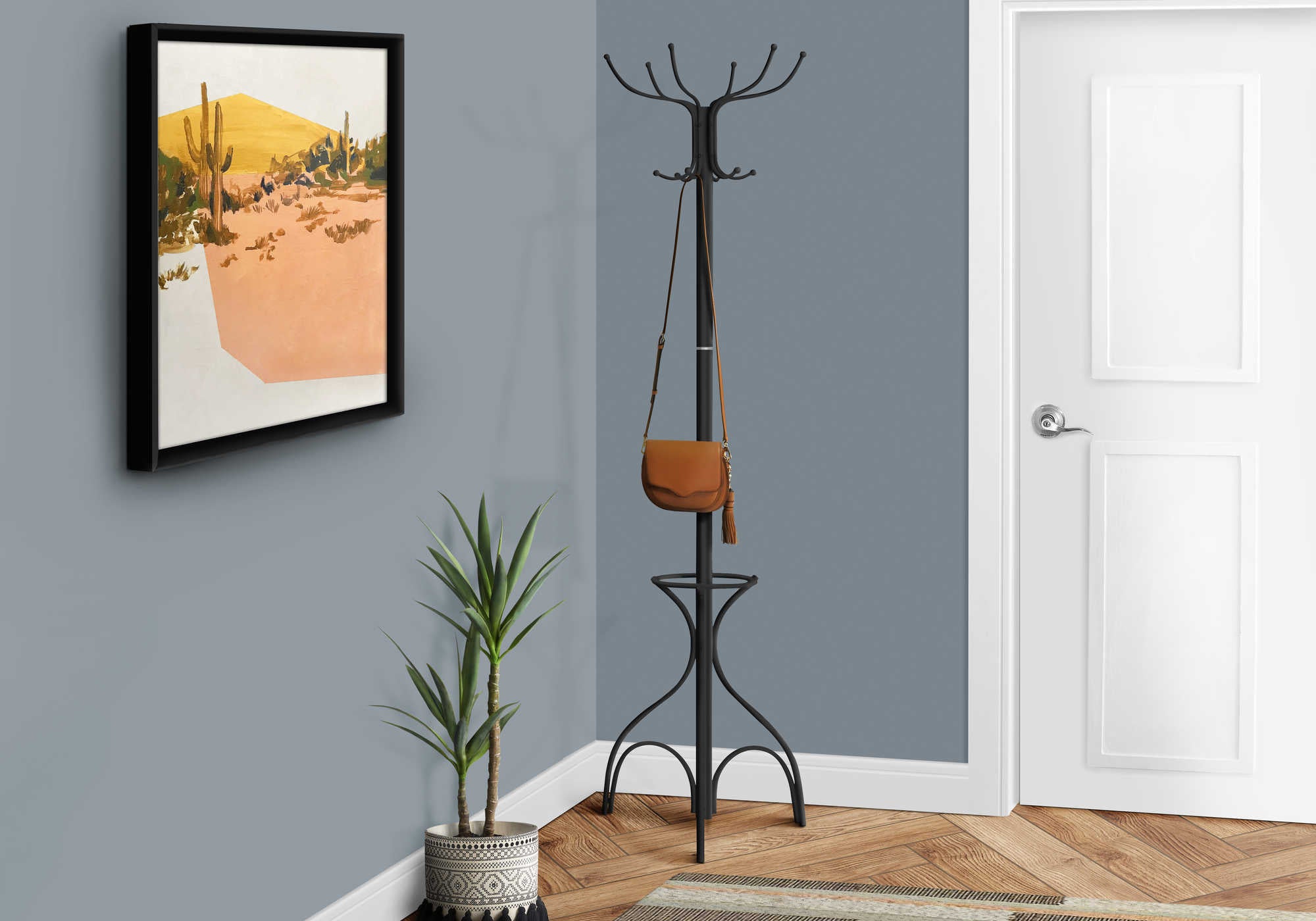 COAT RACK - 70"H / BLACK METAL WITH AN UMBRELLA HOLDER # I 2031