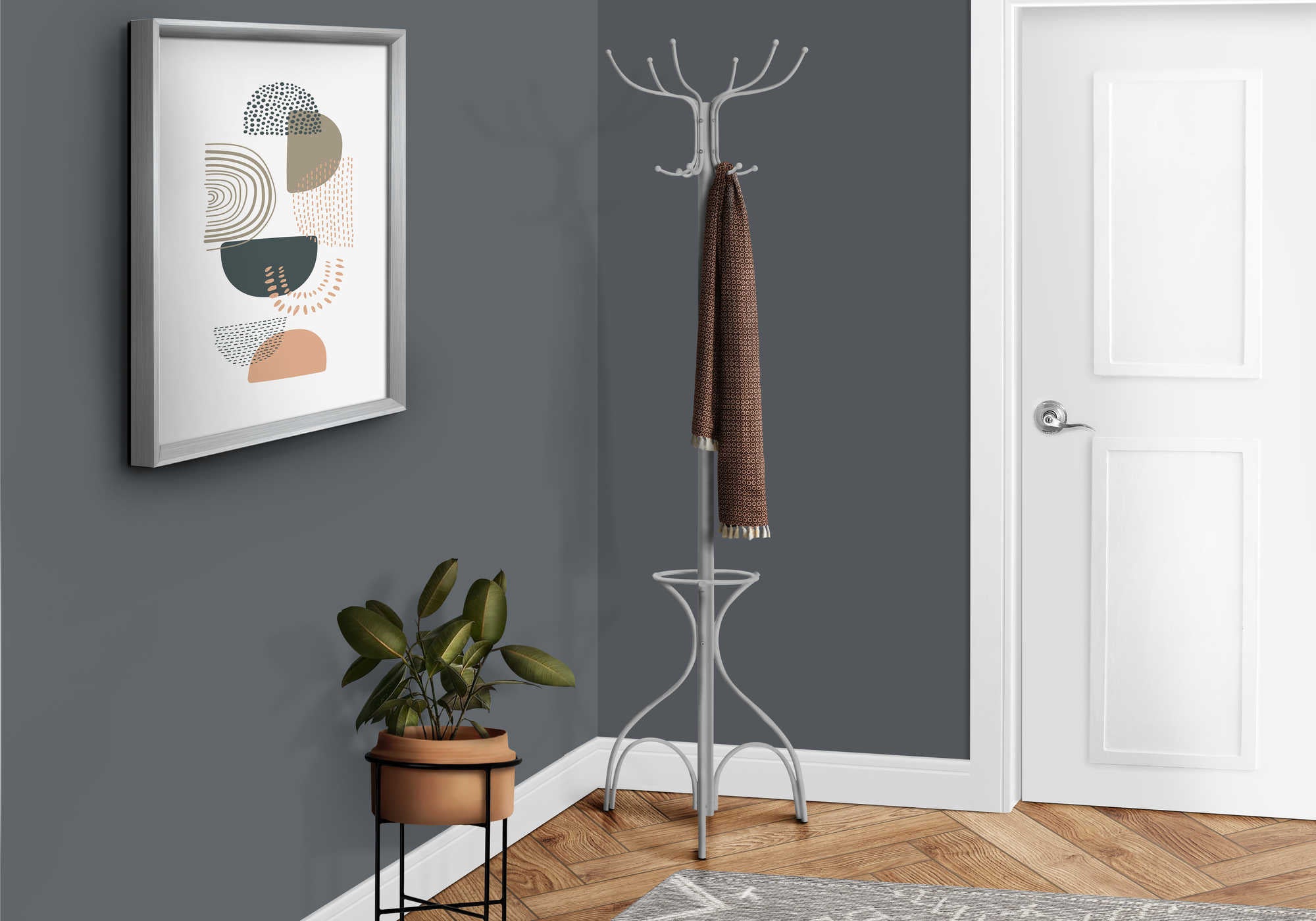 COAT RACK - 70"H / SILVER METAL WITH AN UMBRELLA HOLDER # I 2032
