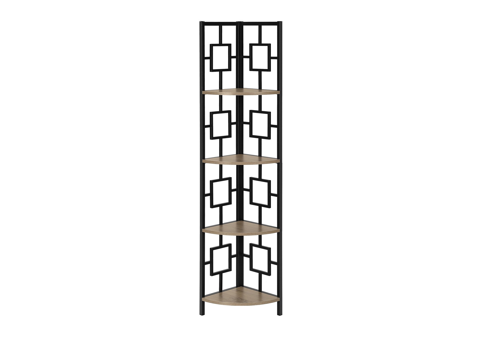 BOOKCASE - 62"H / DARK TAUPE / BLACK METAL CORNER ETAGERE # I 3611