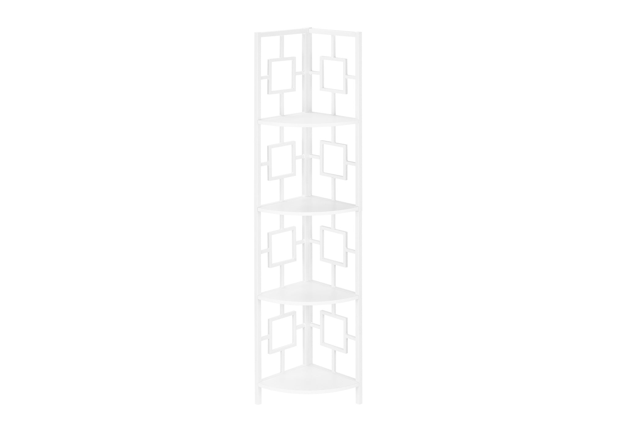 BOOKCASE - 62"H / WHITE / WHITE METAL CORNER ETAGERE # I 3613