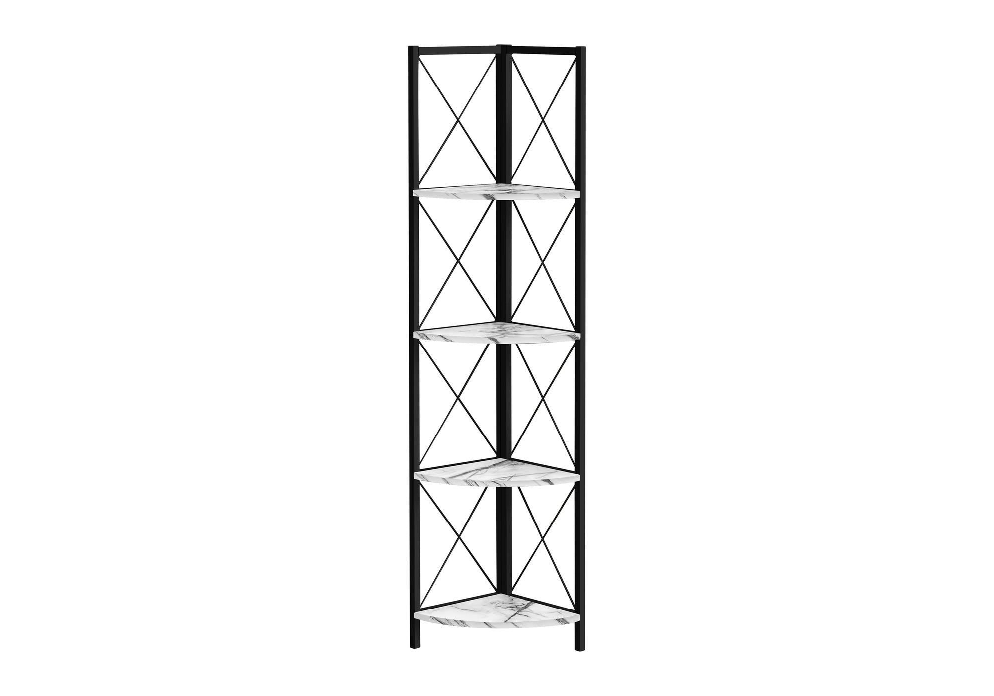 BOOKCASE - 60"H / WHITE MARBLE / BLACK METAL CORNER # I 3651