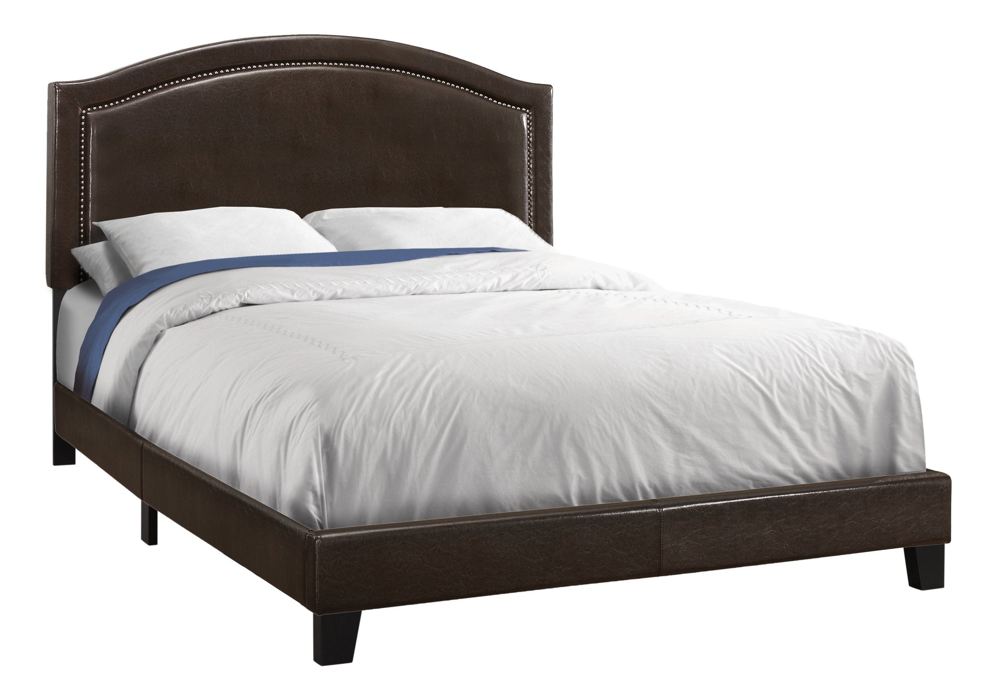 Queen Bed – Brown Leather-Look Bed with Brass Trim I 5938Q