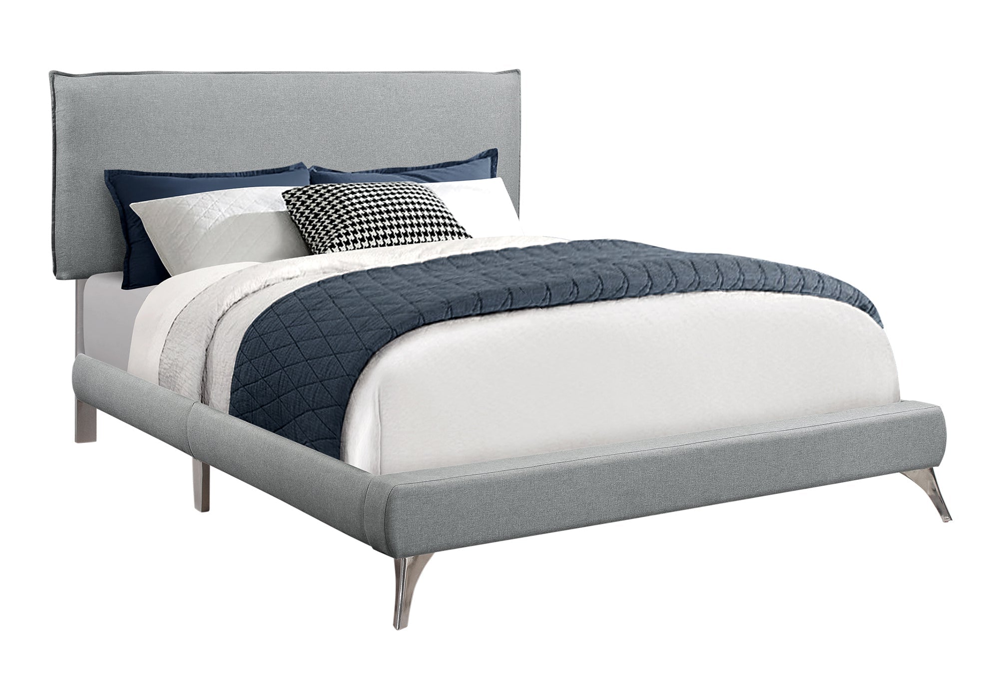 Queen Bed – Grey Linen Bed with Chrome Legs I 5950Q