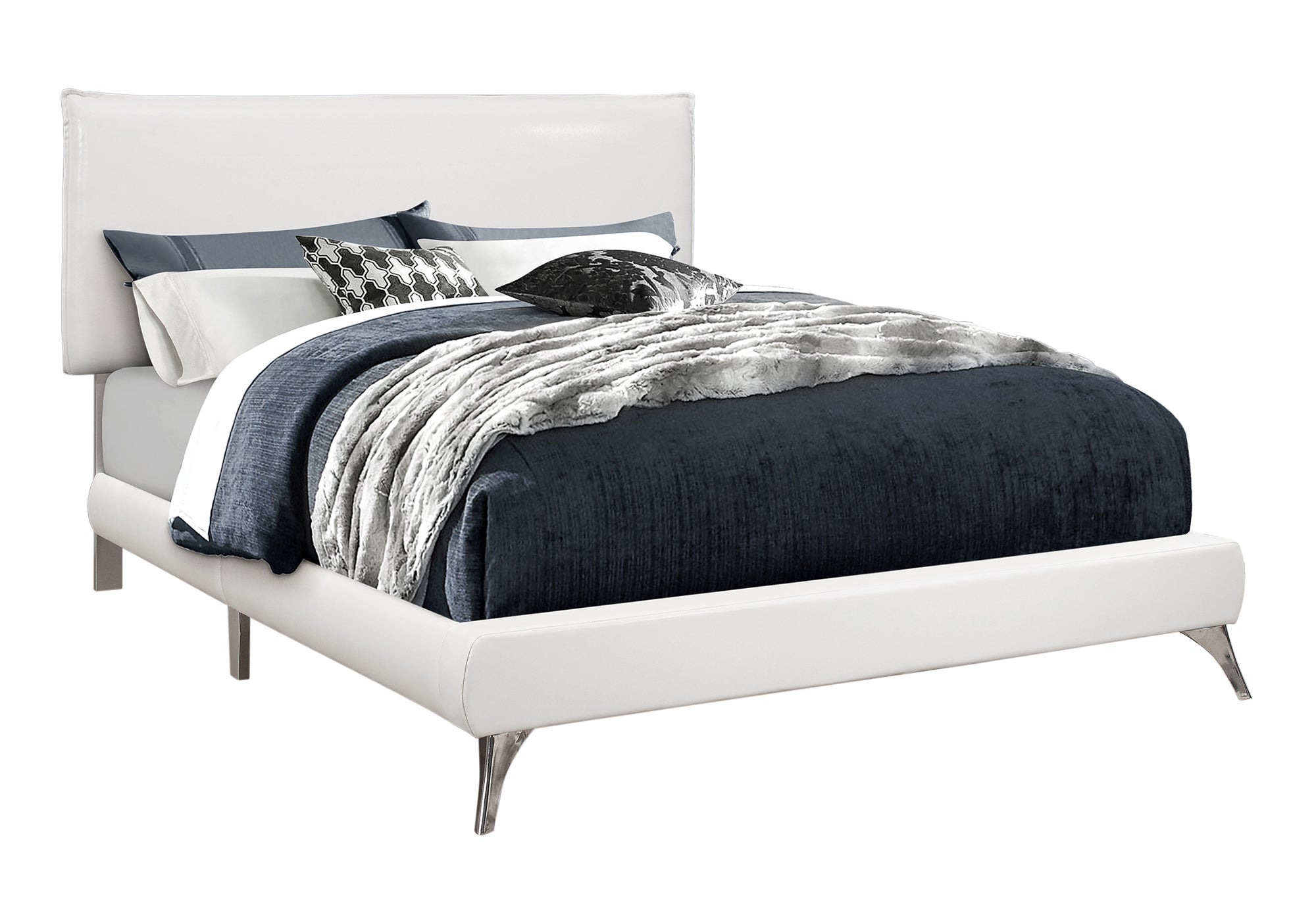Queen Bed – White Leather-Look Bed with Chrome Legs I 5953Q