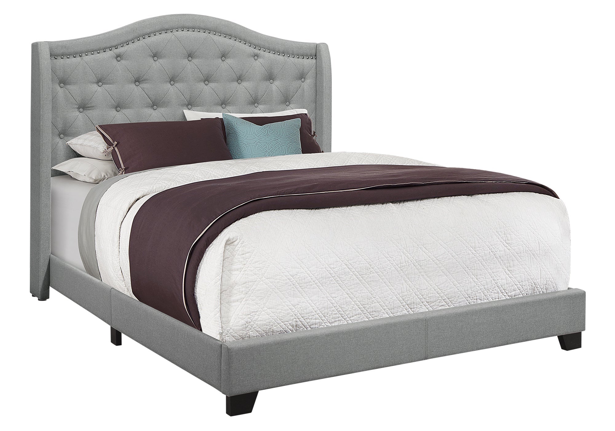 Queen Bed – Grey Linen Bed with Chrome Trim I 5966Q