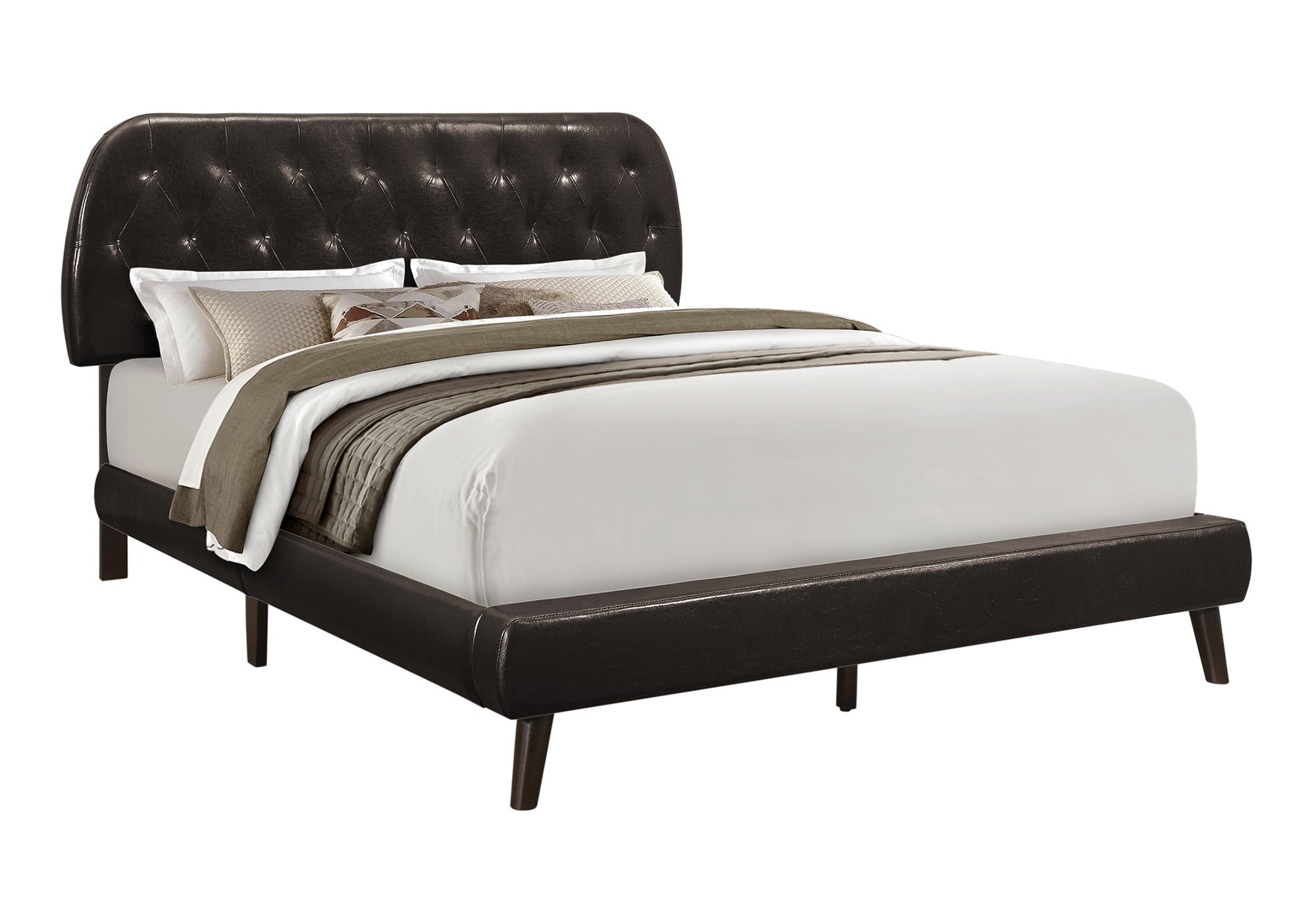 Queen Bed – Brown Leather-Look Bed with Wood Legs I 5982Q