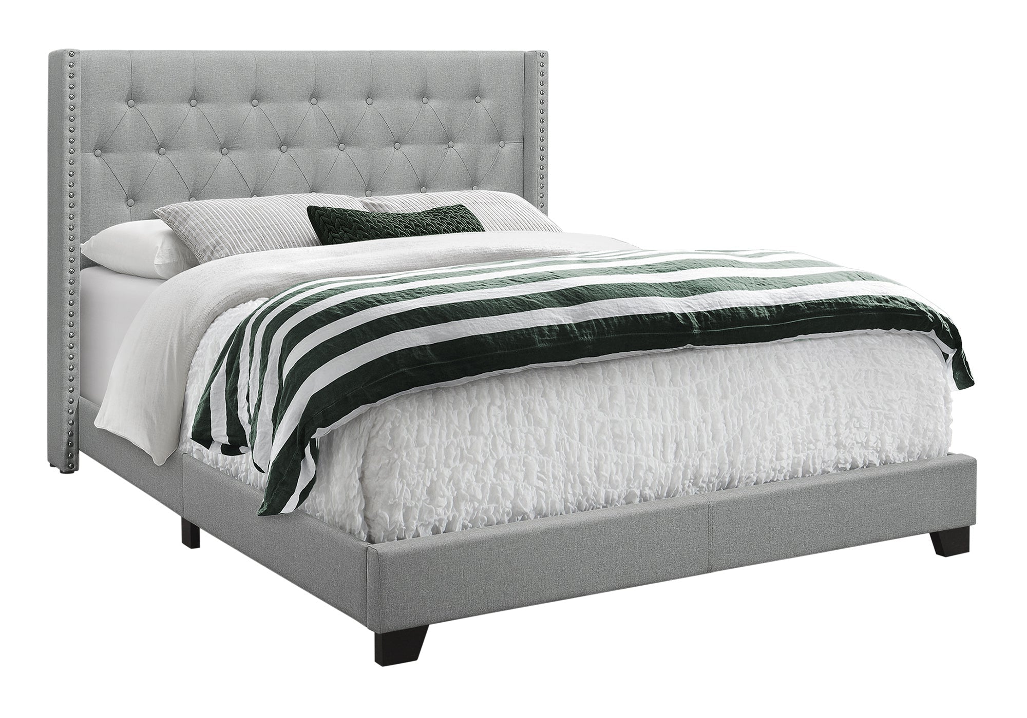 Queen Bed – Grey Linen Bed with Chrome Trim I 5984Q
