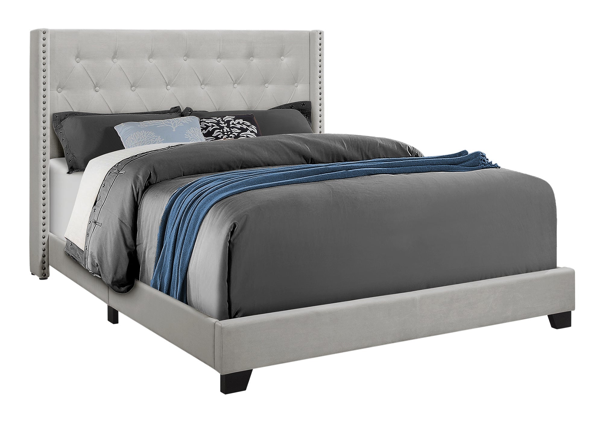 Queen Bed – Light Grey Velvet Bed with Chrome Trim I 5985Q