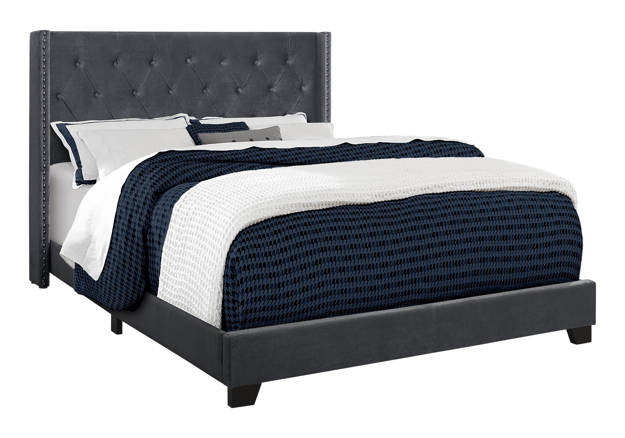 Queen Bed – Dark Grey Velvet Bed with Chrome Trim I 5986Q