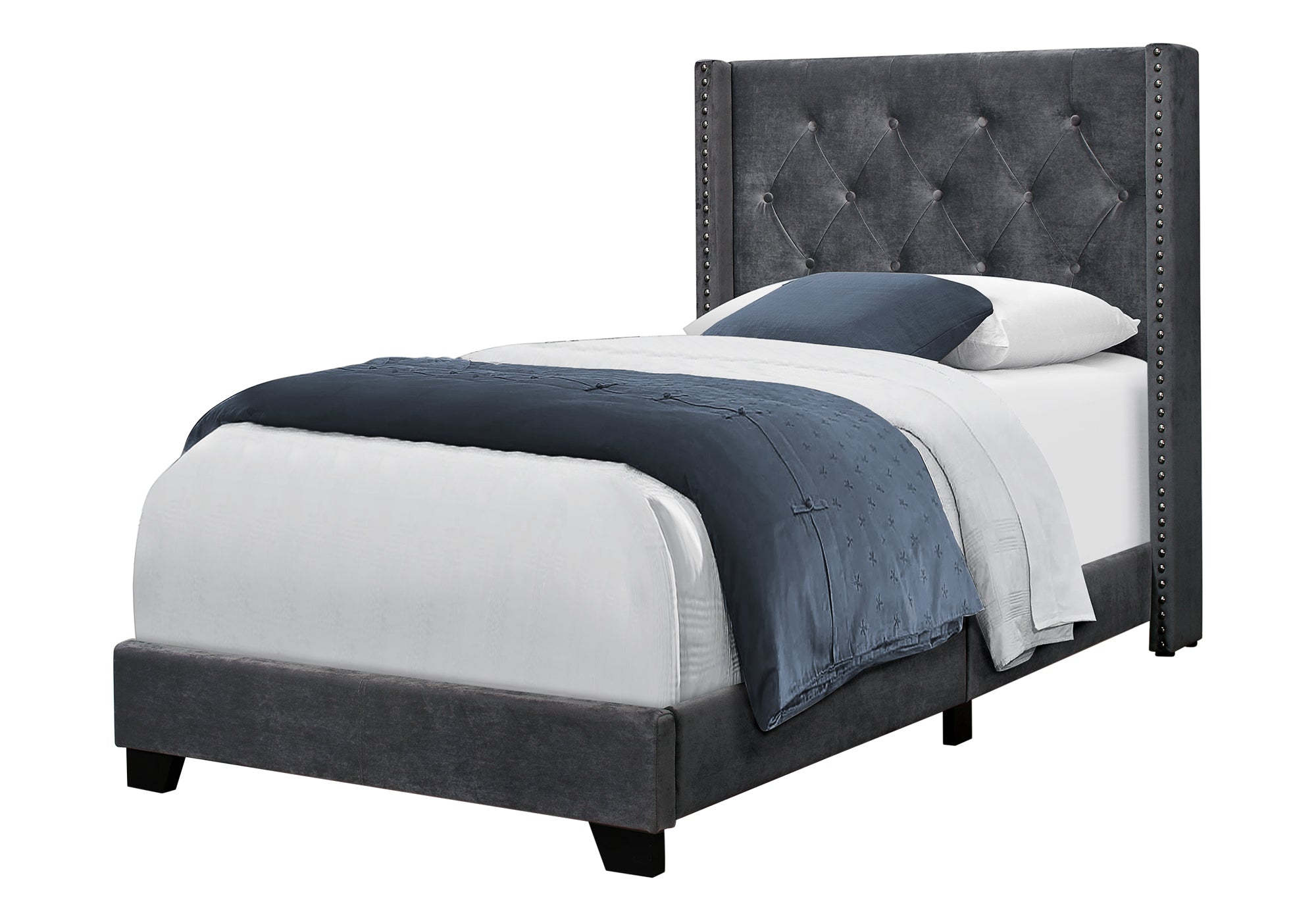 Twin Bed – Dark Grey Velvet Bed with Chrome Trim I 5986T