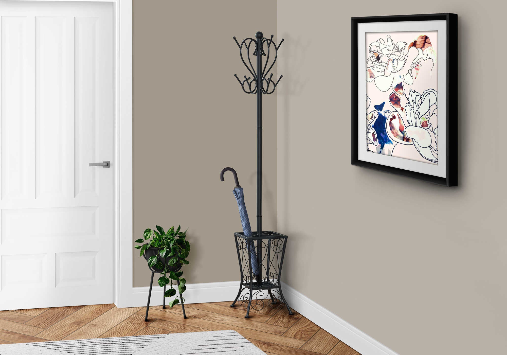 COAT RACK - 71"H / BLACK METAL WITH AN UMBRELLA HOLDER # I 2060