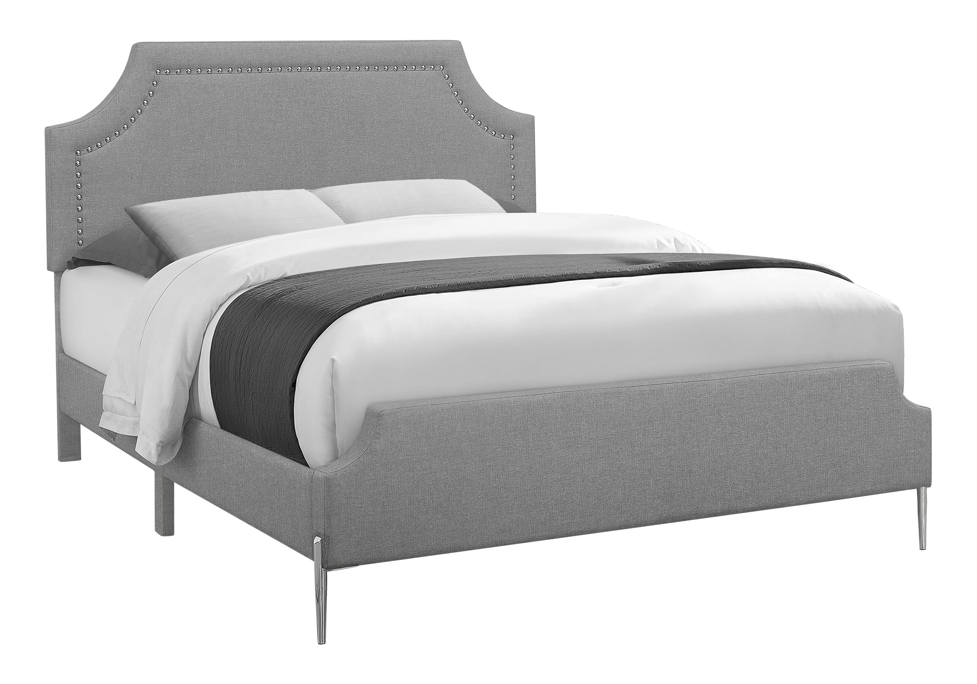Queen Bed – Grey Linen Bed with Chrome Metal Legs I 6035Q