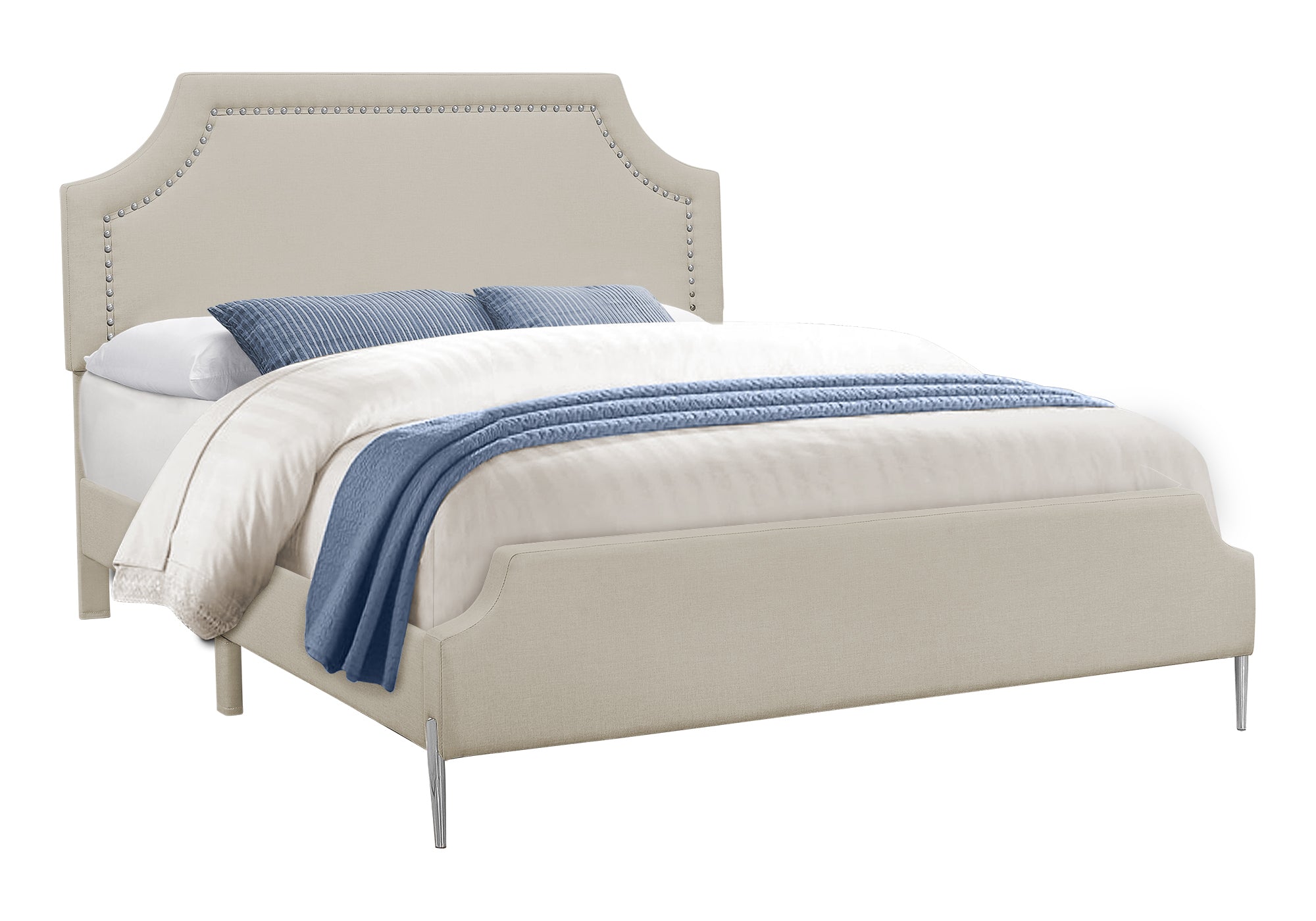 Queen Bed – Beige Linen Bed with Chrome Metal Legs I 6036Q