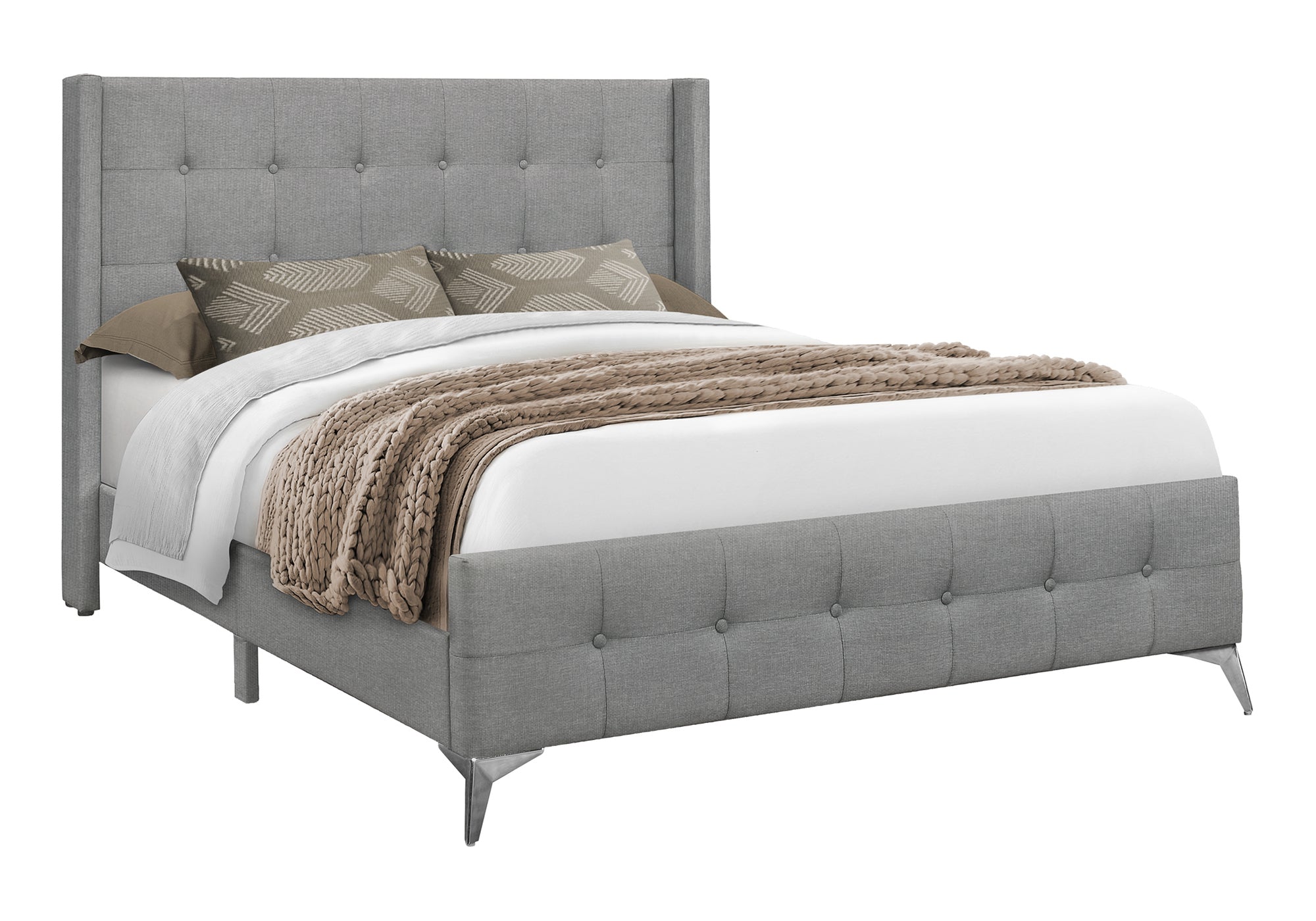 Queen Bed – Grey Linen Bed with Chrome Metal Legs I 6040Q Send