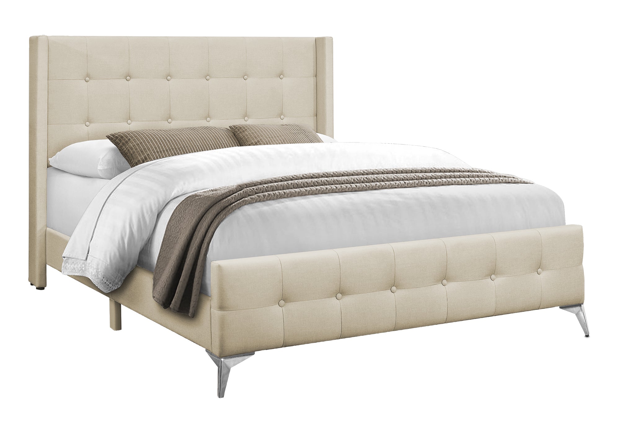 Queen Bed – Beige Linen Bed with Chrome Metal Legs I 6041Q