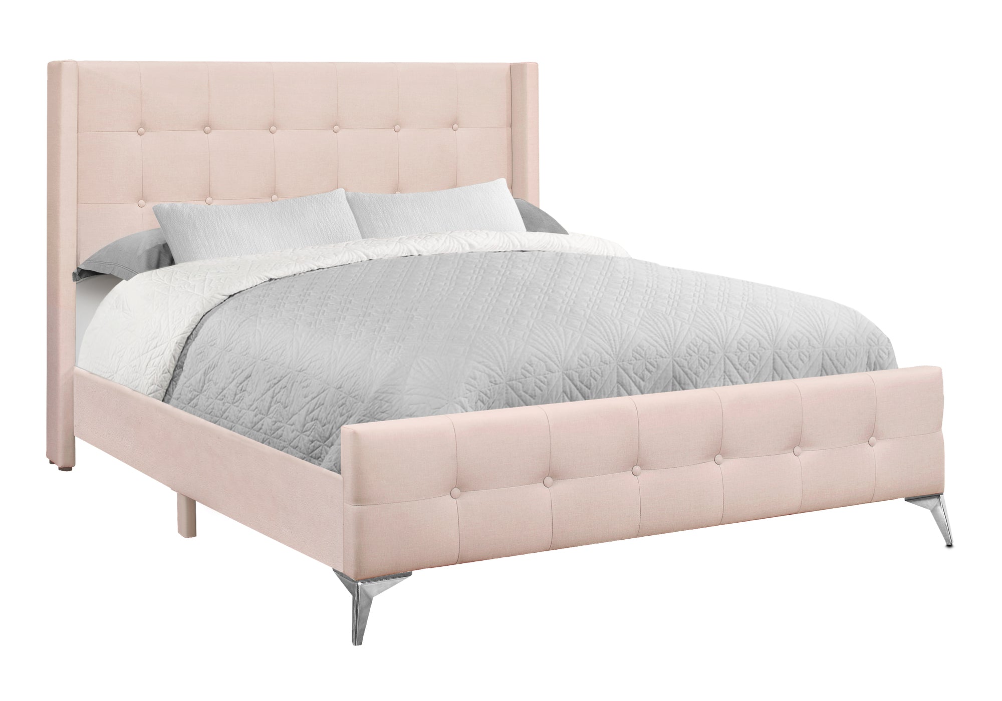 Queen Bed – Pink Velvet Bed with Chrome Metal Legs I 6042Q