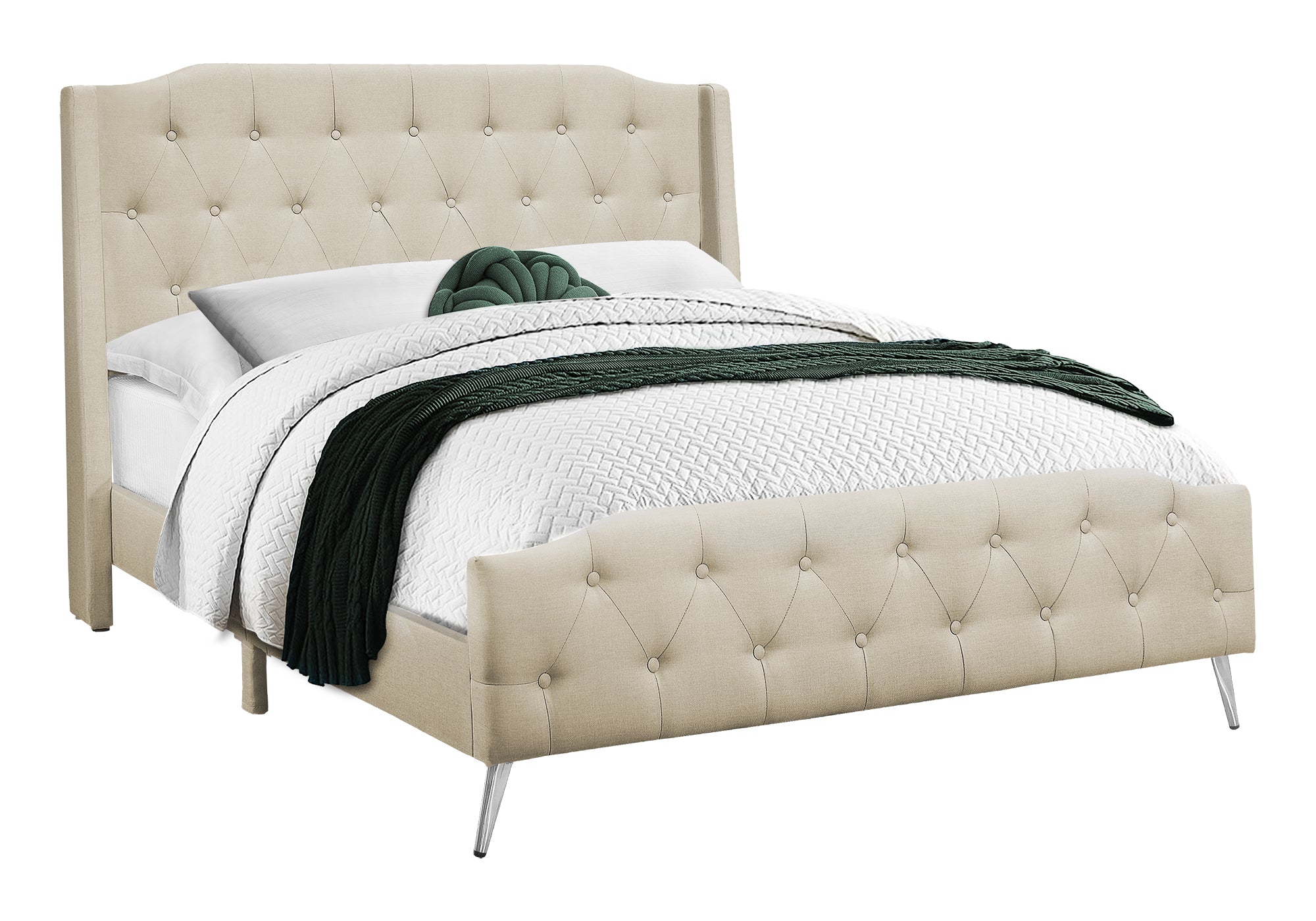 Queen Bed – Beige Linen Bed with Chrome Metal Legs I 6046Q Ready for the