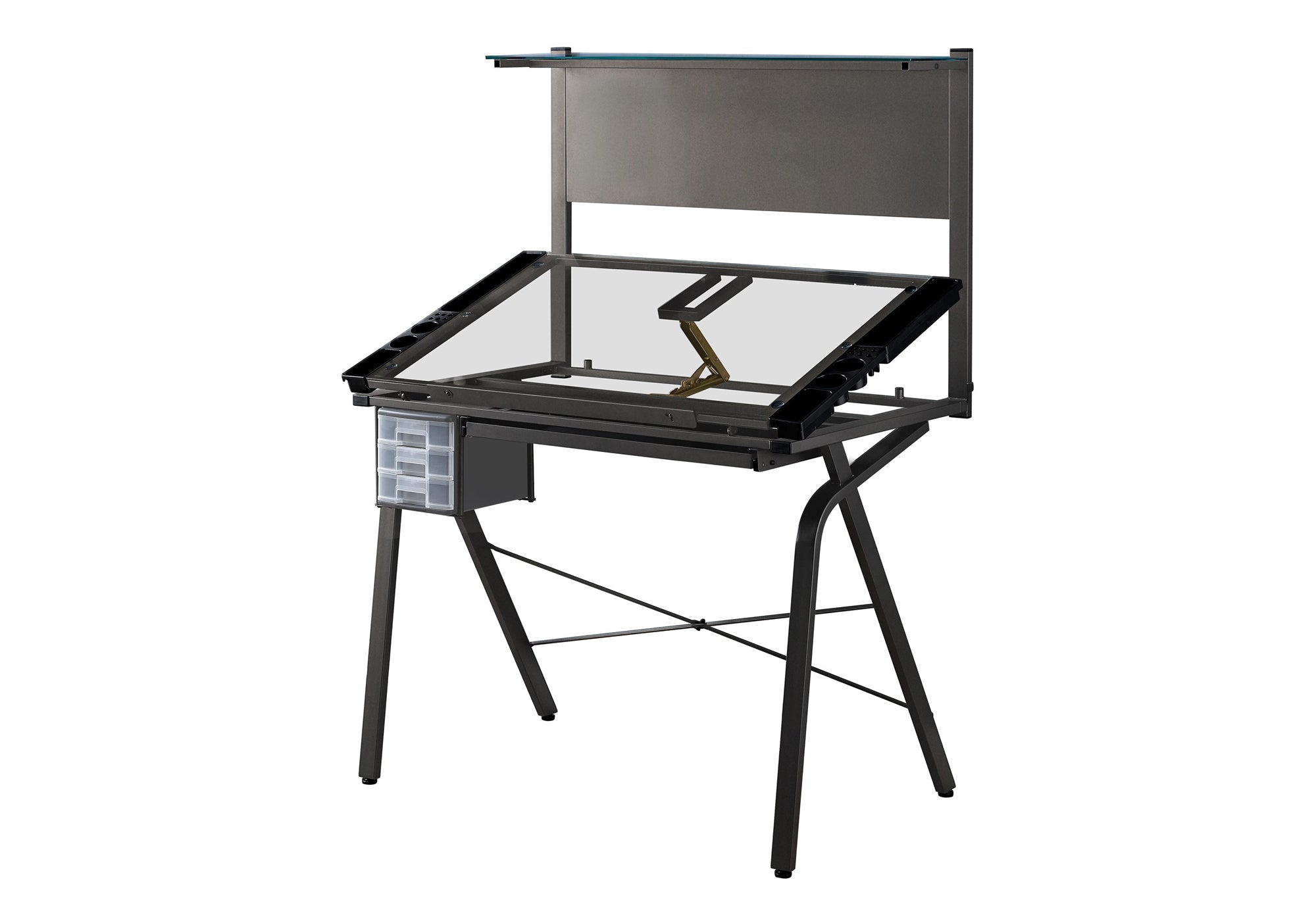 DRAFTING TABLE - ADJUSTABLE / GREY METAL / TEMPERED GLASS # I 7034