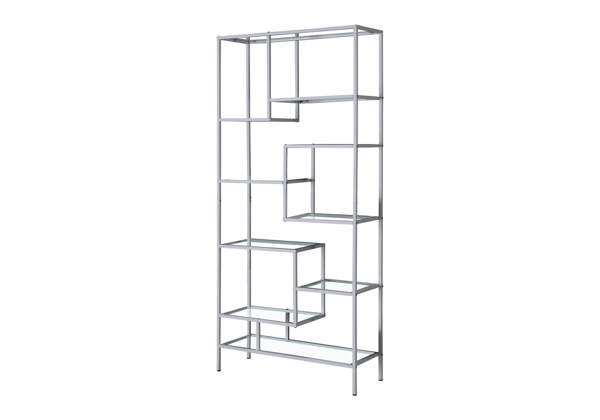 BOOKCASE - 72"H / SILVER METAL WITH TEMPERED GLASS # I 7158