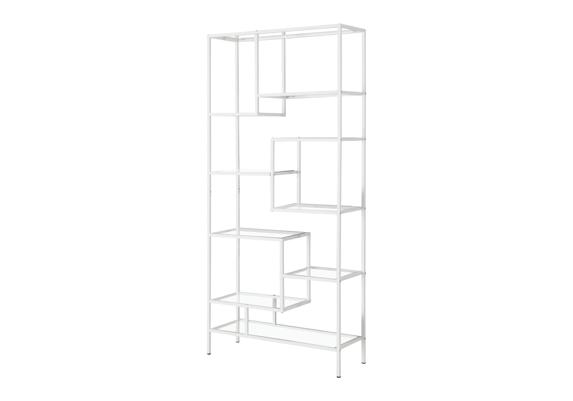 BOOKCASE - 72"H / WHITE METAL WITH TEMPERED GLASS # I 7159