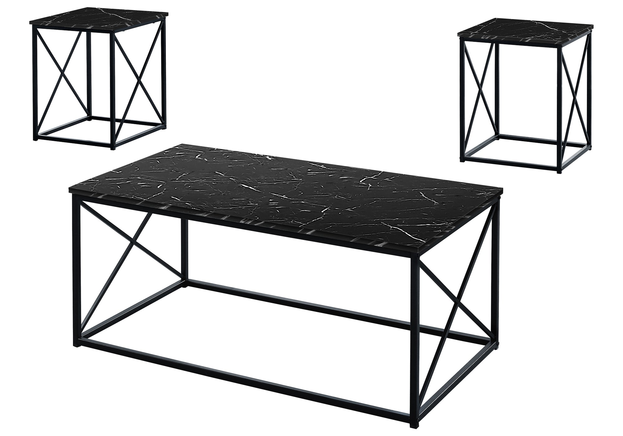 TABLE SET - 3PCS SET / BLACK MARBLE / BLACK METAL # I 7954P