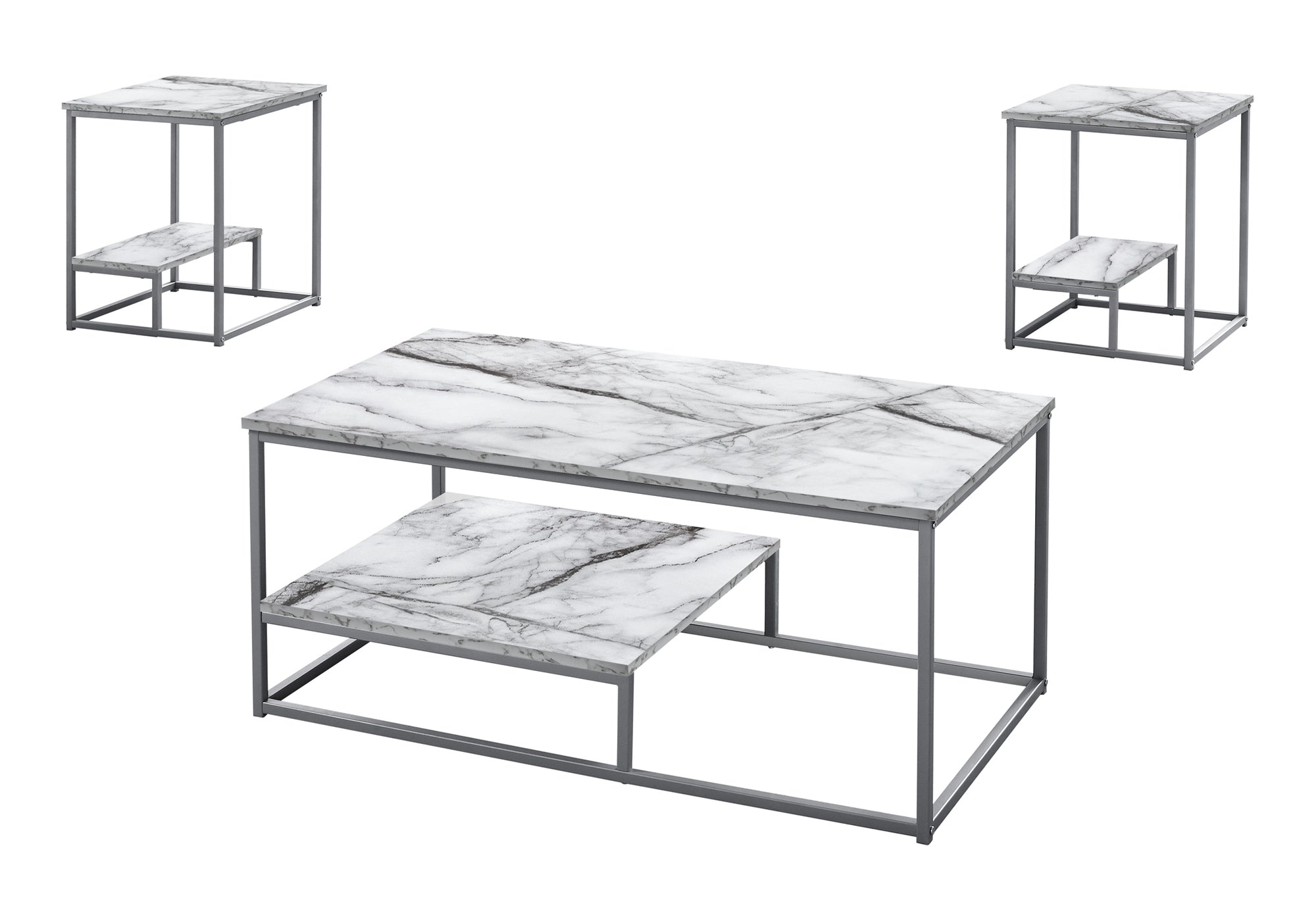 TABLE SET - 3PCS SET / WHITE MARBLE / SILVER METAL # I 7963P