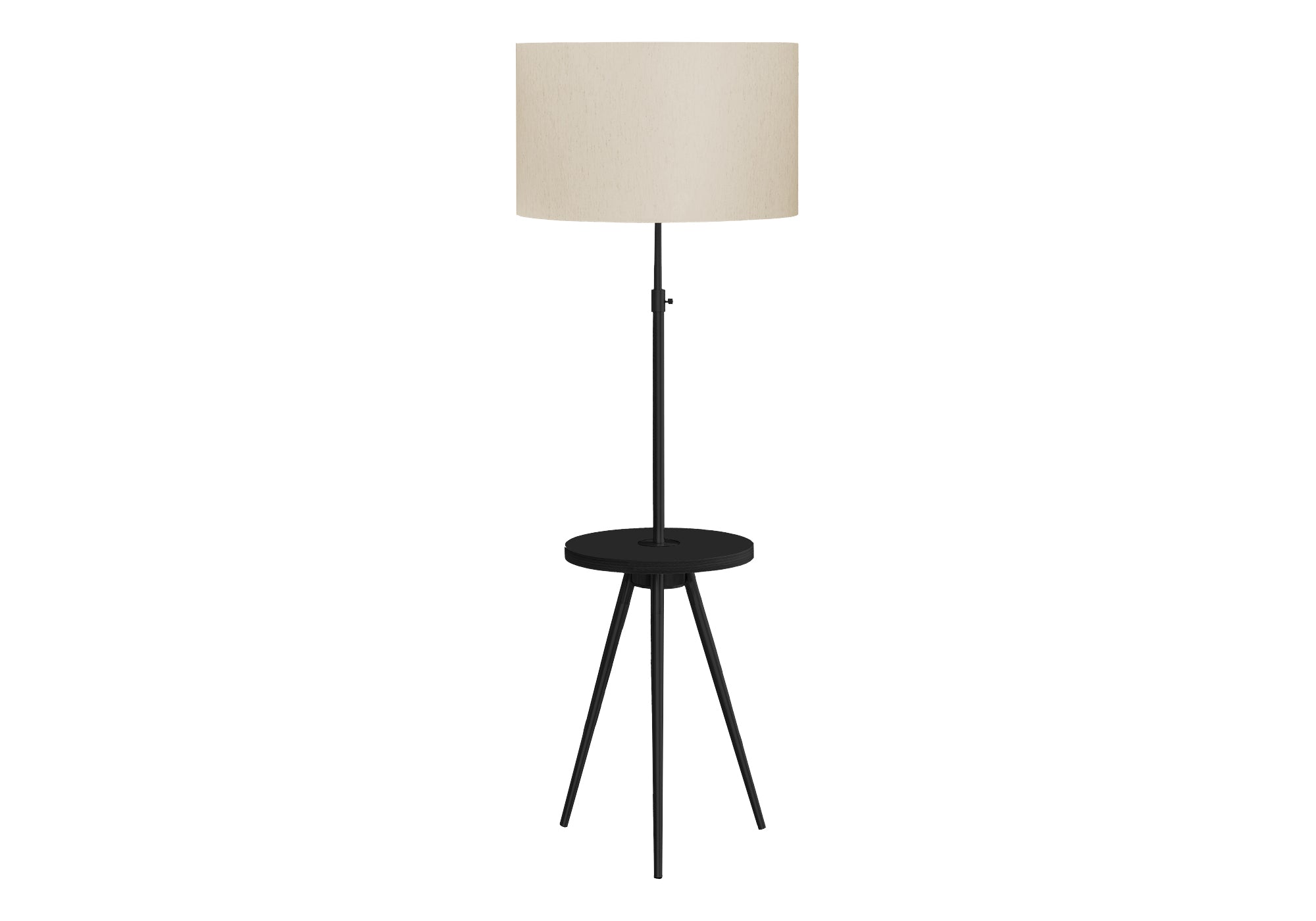 Lampadaire trépied noir métal 66 po avec tablette stratifié et abat-jour lin ivoire, style moderne Montréal
