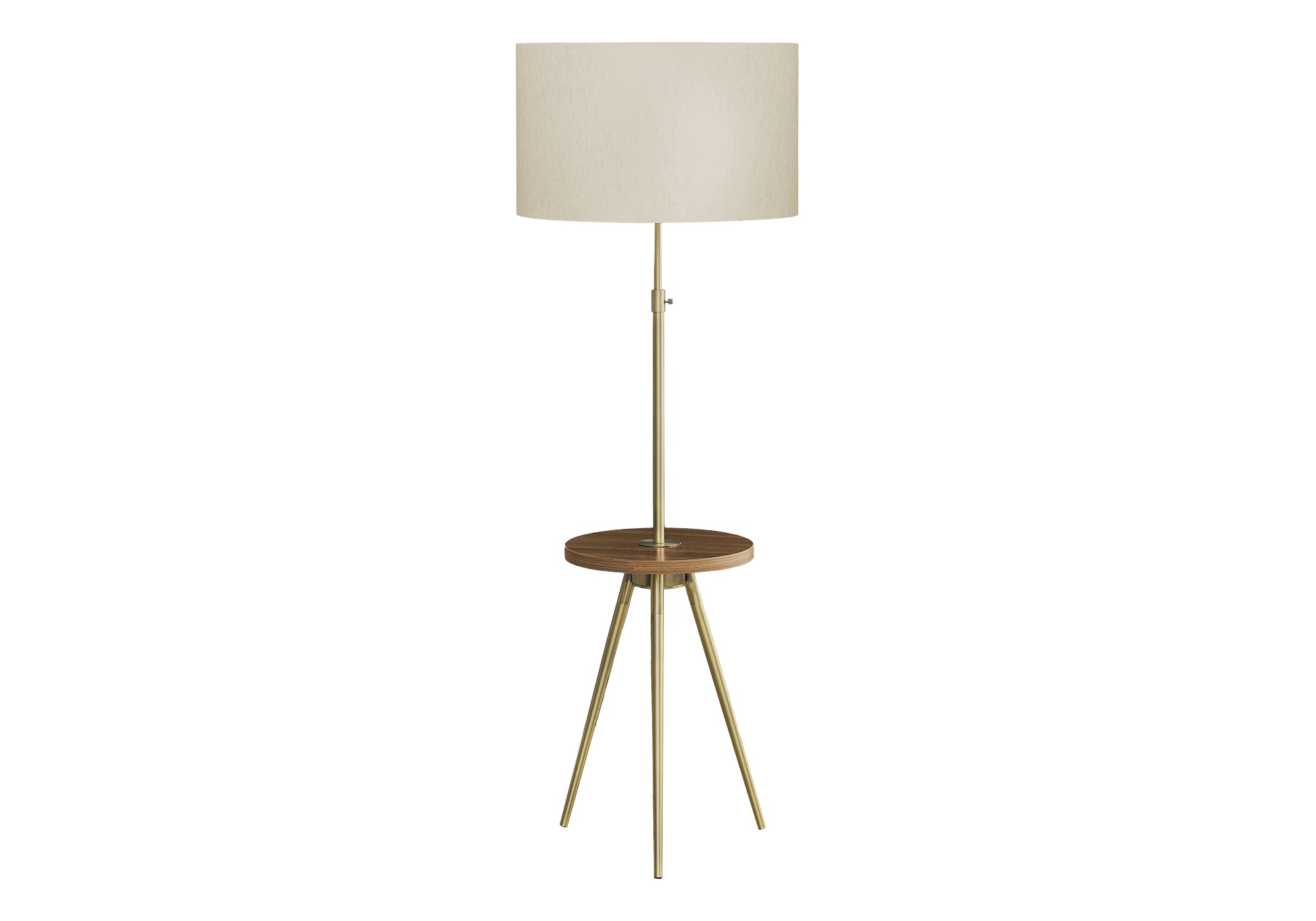Lampe de plancher trépied dorée 66 po abat-jour lin ivoire tablette noyer intégrée salon Montréal