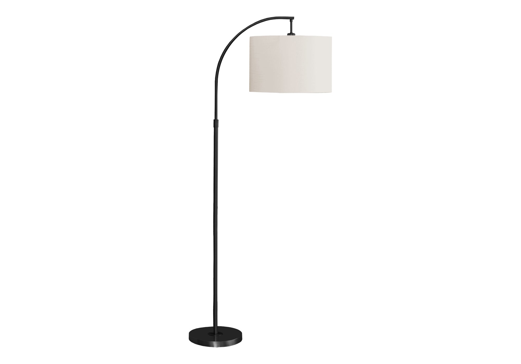 Lampadaire arc noir métal 65 po abat-jour ivoire interrupteur au pied salon moderne Montréal I 9749
