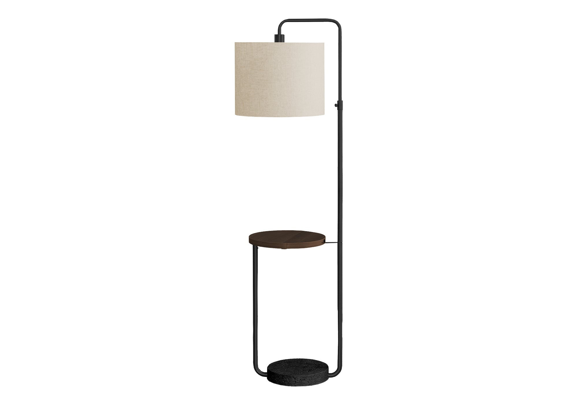 Lampadaire sur pied noir métal 67 po avec tablette brun foncé et port USB, abat-jour lin ivoire – Montréal