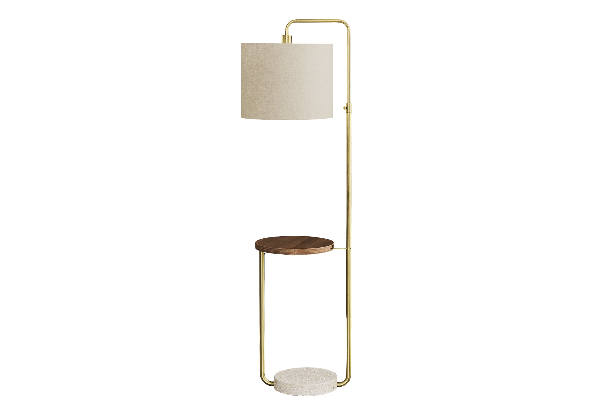 Lampadaire sur pied laiton 67 po bras ajustable port USB tablette noyer abat-jour lin beige – Bonito Montréal