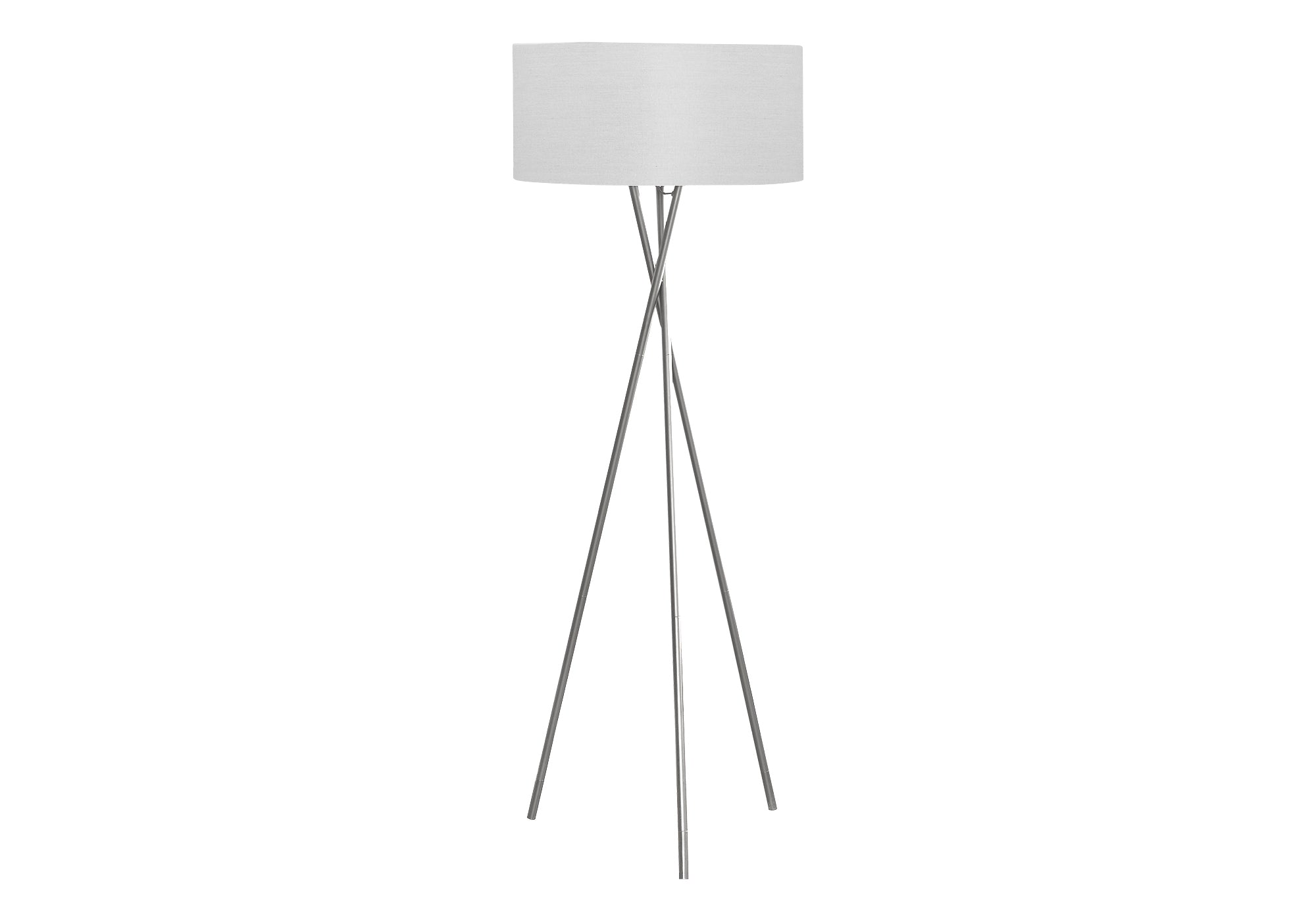 Lampadaire trépied I 9757, 62 po, cadre métal nickel, abat-jour tissu gris, salon contemporain Montréal