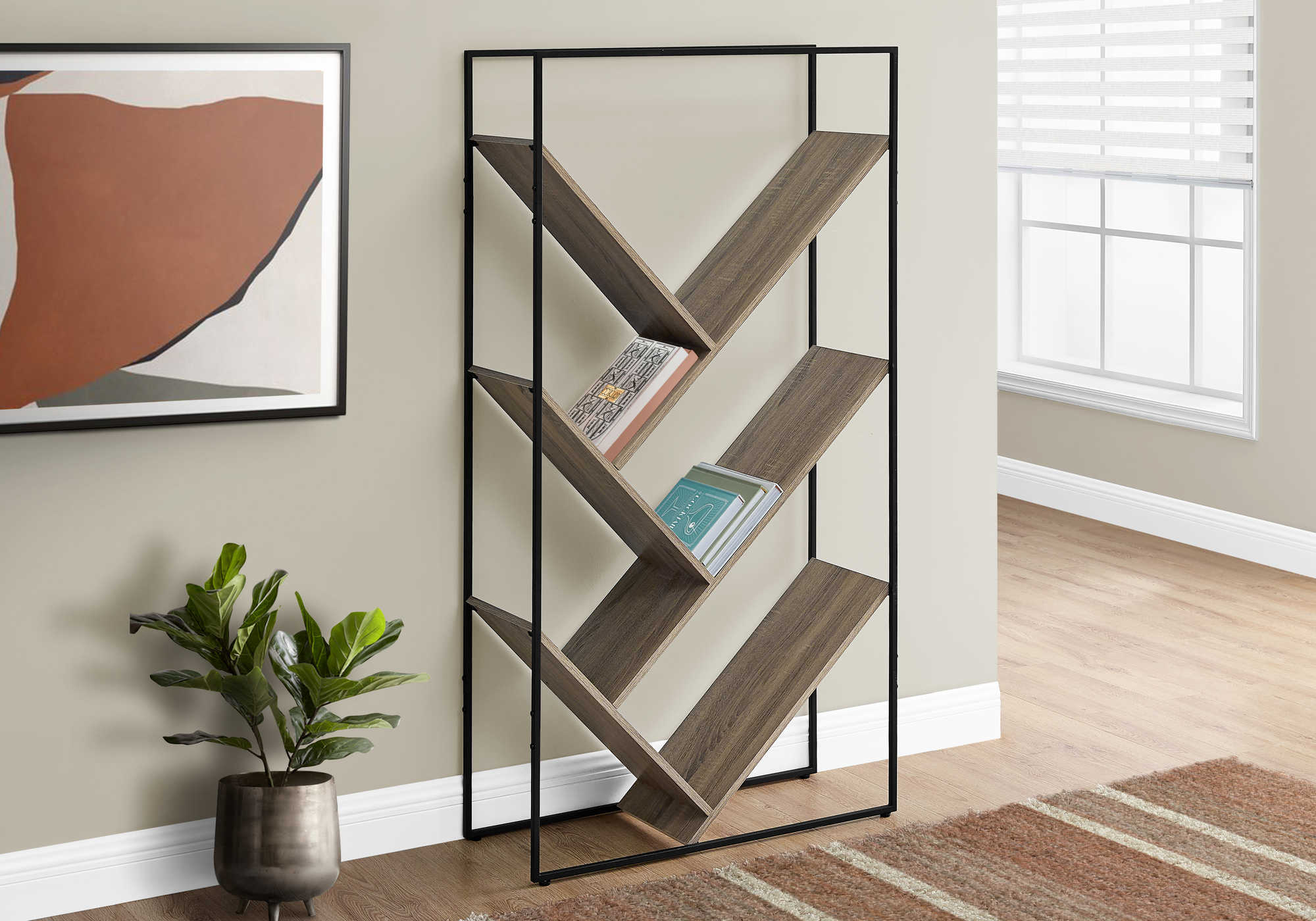 BOOKCASE - 60"H / DARK TAUPE / BLACK METAL # I 2201