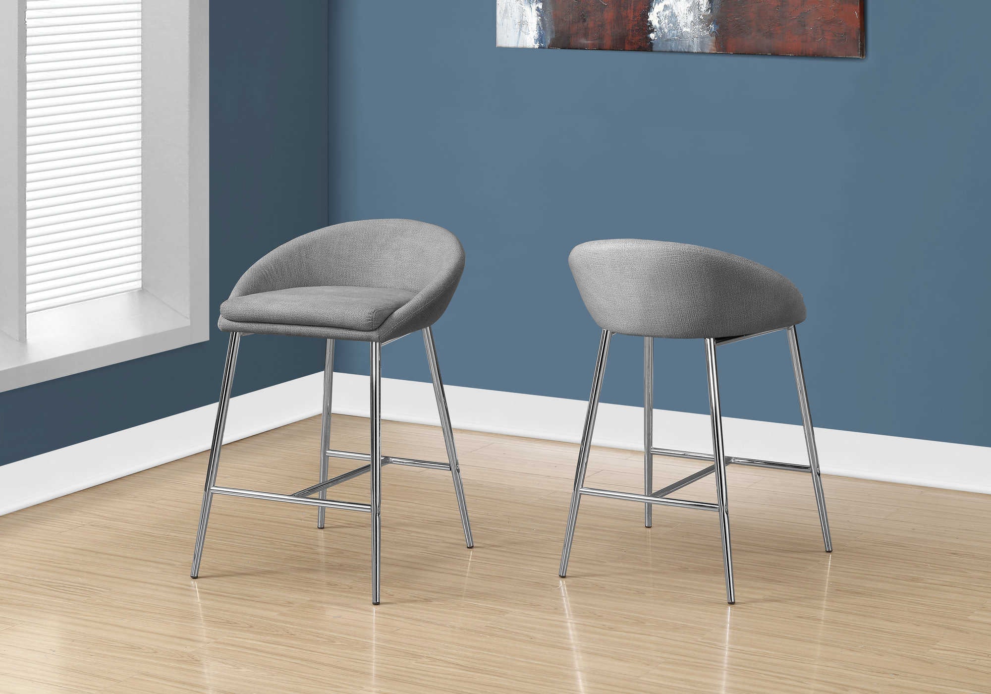 BARSTOOL - 2PCS / GREY FABRIC / CHROME / COUNTER HEIGHT # I 2298