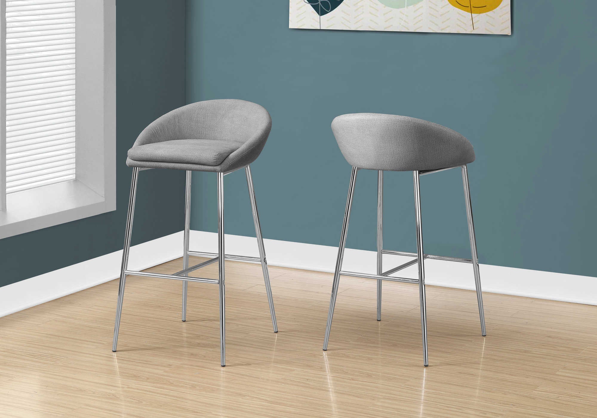 BARSTOOL - 2PCS / GREY FABRIC / CHROME BASE / BAR HEIGHT # I 2299