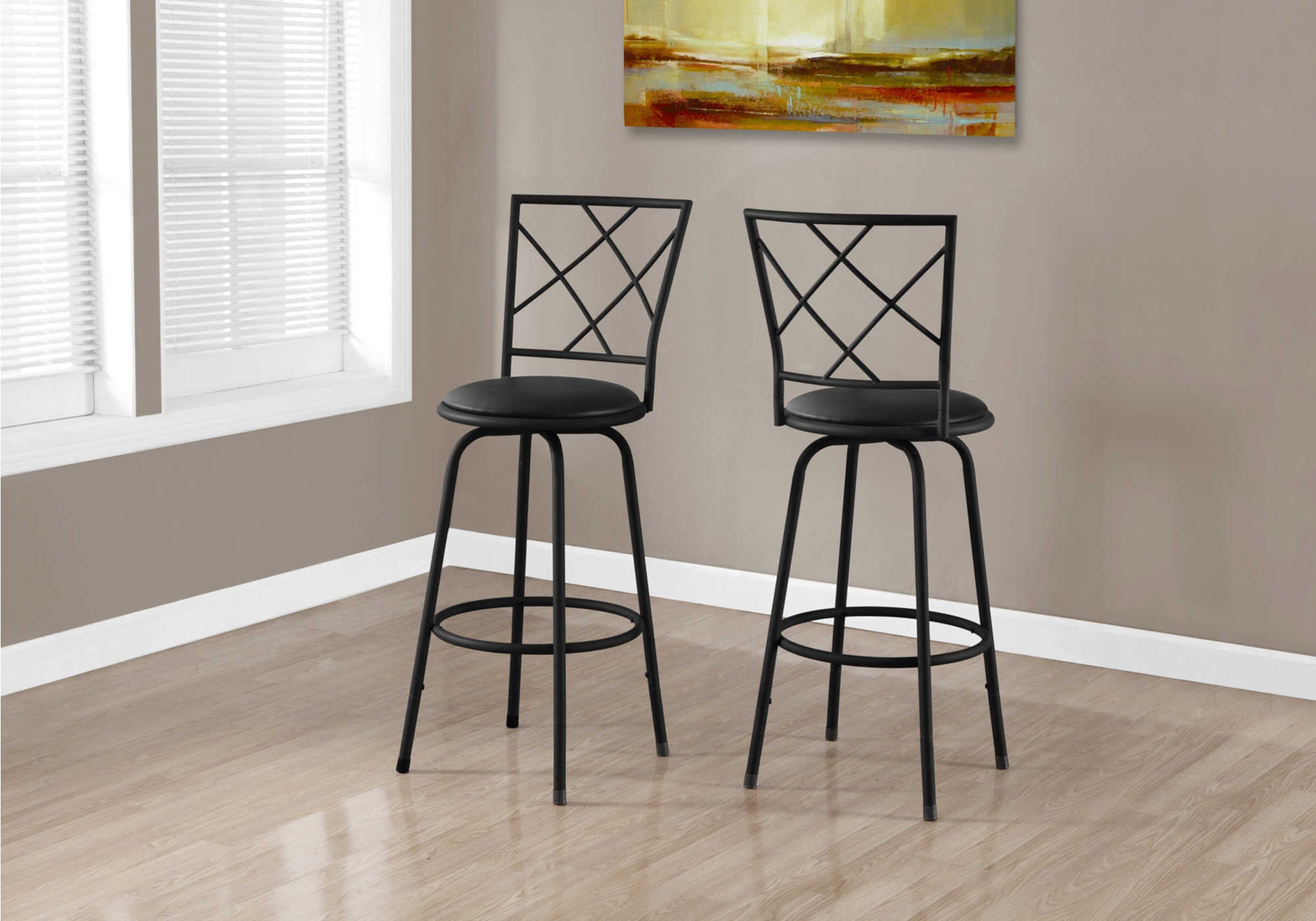 BARSTOOL - 2PCS / SWIVEL / BLACK /BLACK LEATHER-LOOK SEAT # I 2375