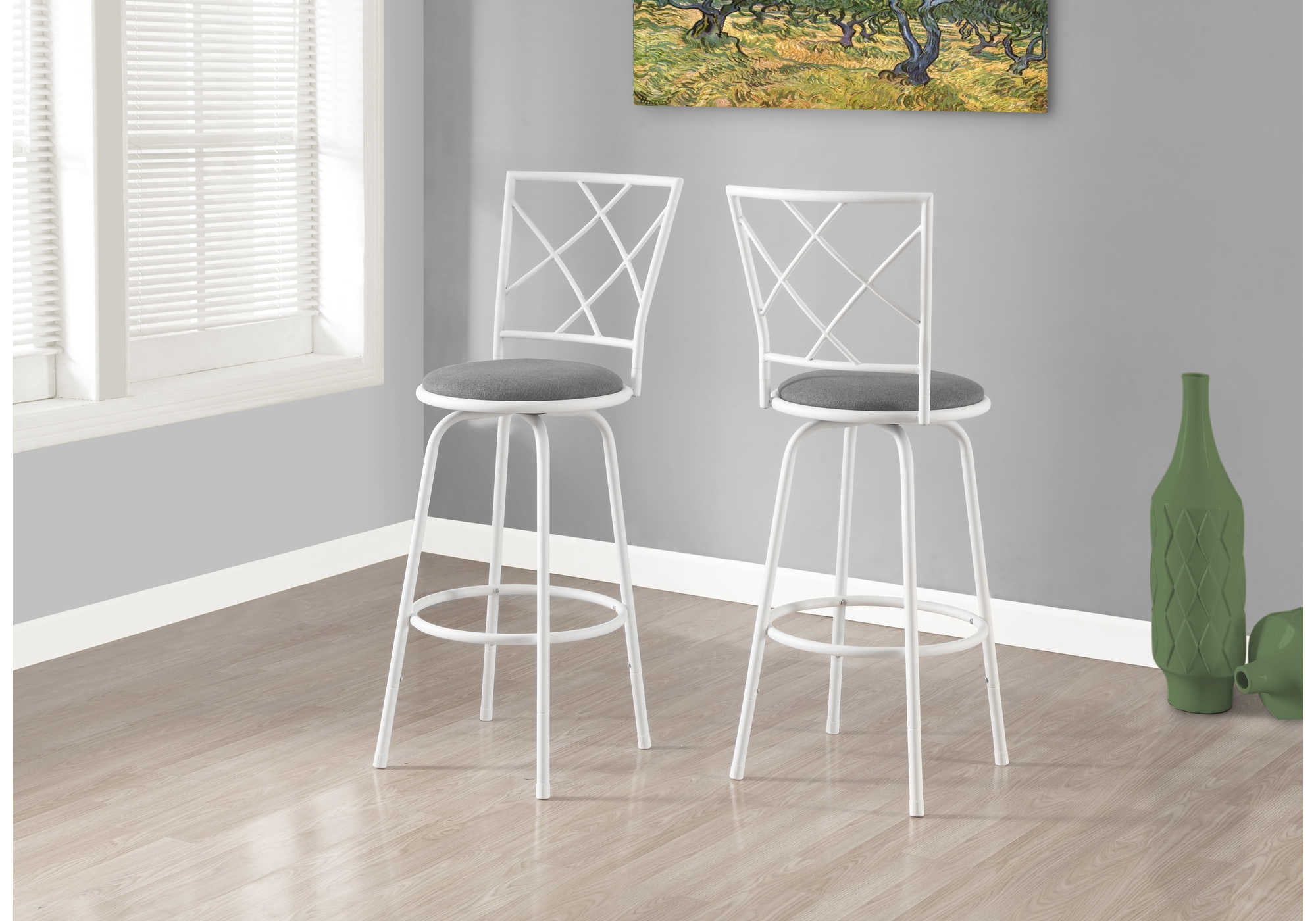 BARSTOOL - 2PCS / SWIVEL / WHITE / GREY FABRIC SEAT # I 2377