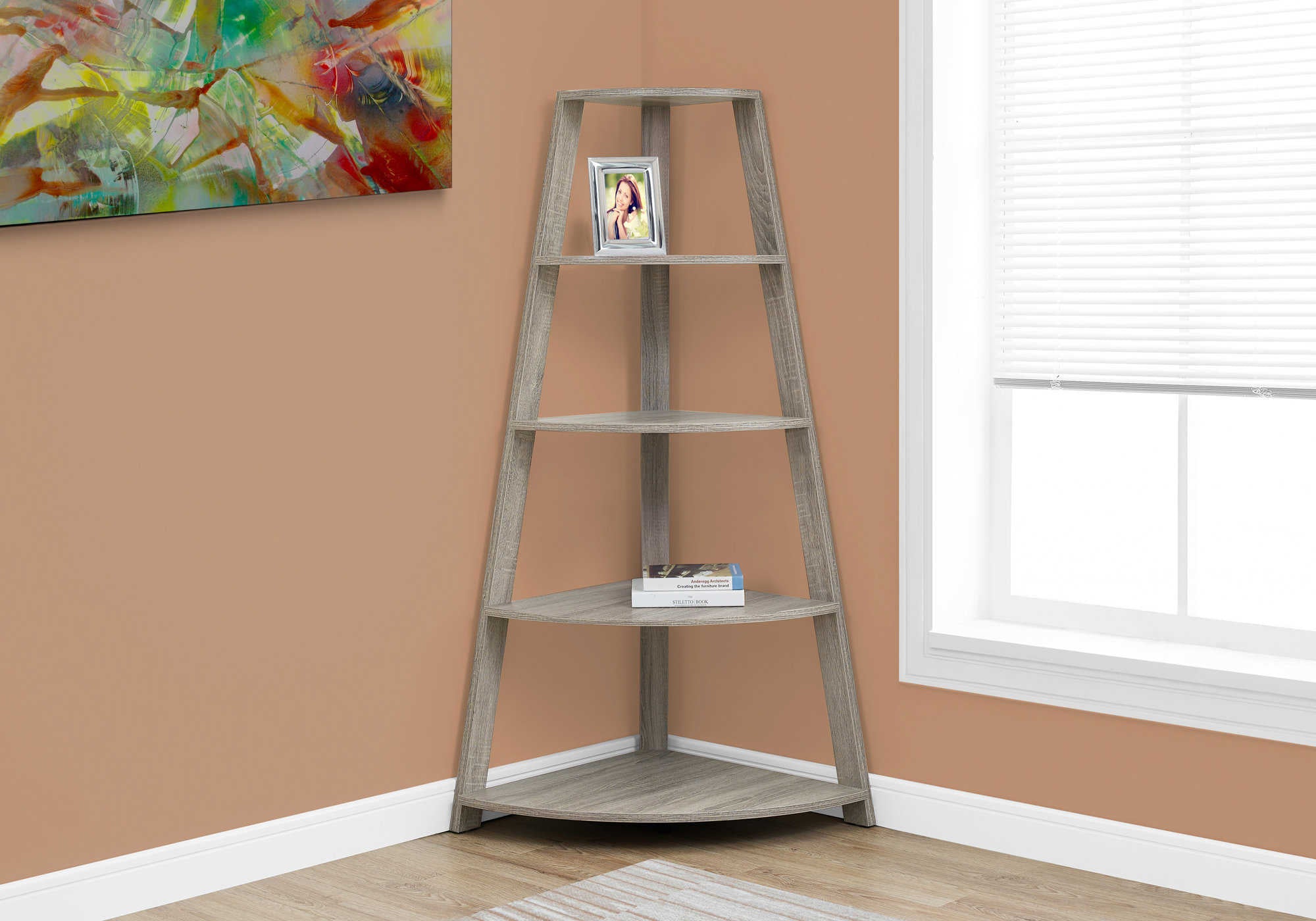 BOOKCASE - 60"H / DARK TAUPE CORNER ACCENT ETAGERE # I 2424