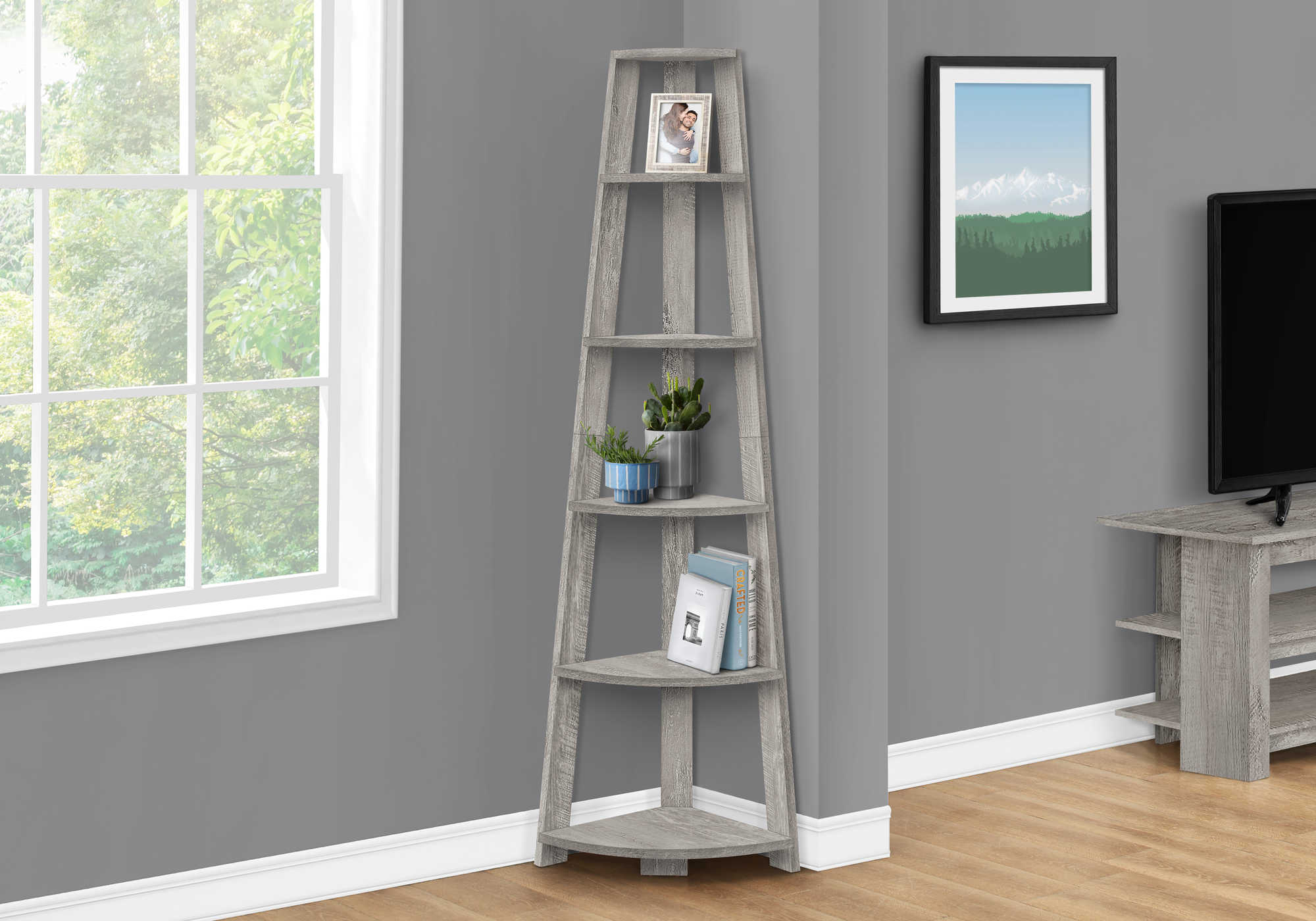 BOOKCASE - 72""H / INDUSTRIAL GREY CORNER ACCENT ETAGERE # I 2433