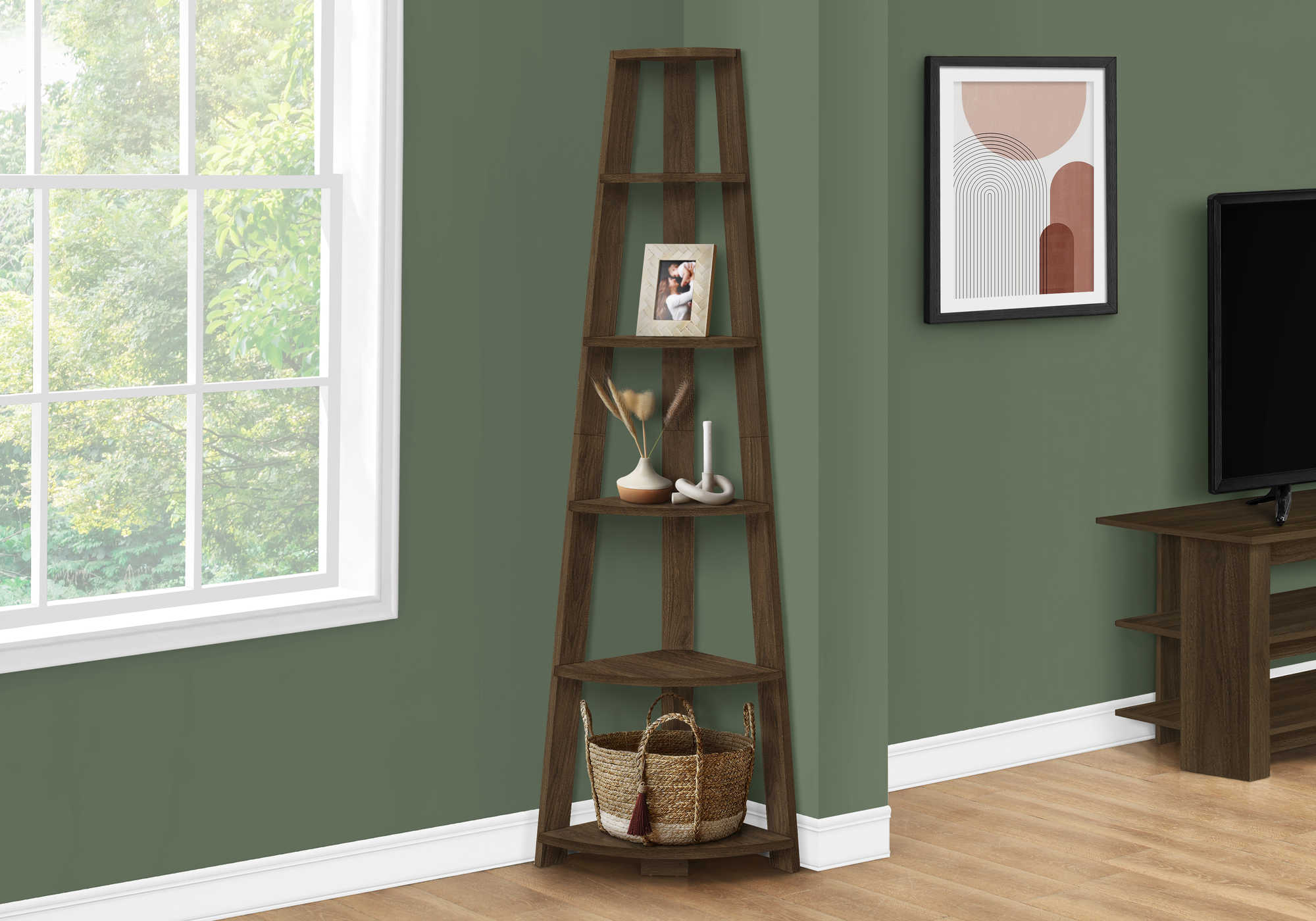 BOOKCASE - 72""H / DARK WALNUT CORNER ACCENT ETAGERE # I 2464