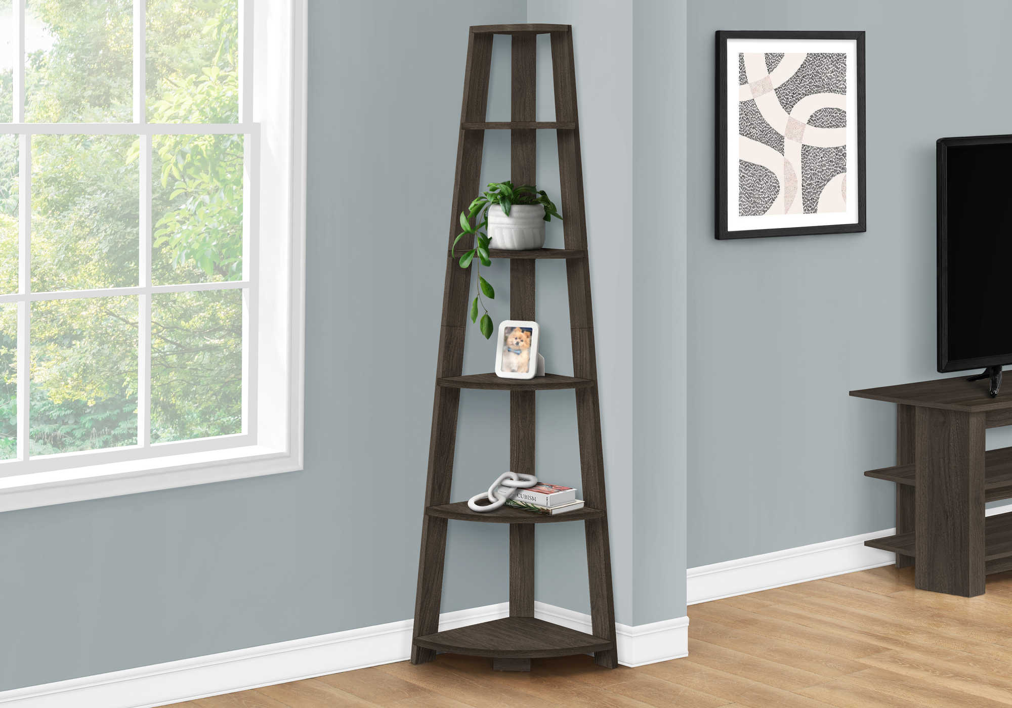 BOOKCASE - 72""H / BROWN OAK CORNER ACCENT ETAGERE # I 2469