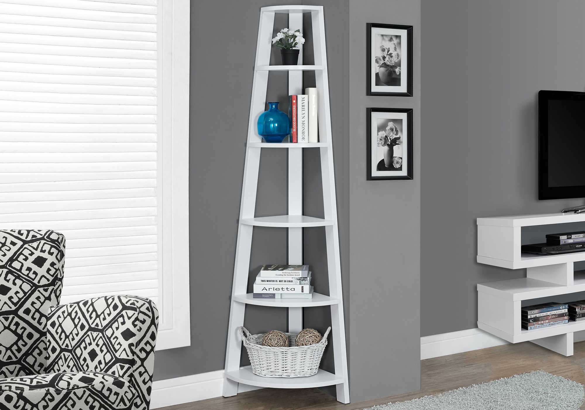 BOOKCASE - 72"H / WHITE CORNER ACCENT ETAGERE # I 2496