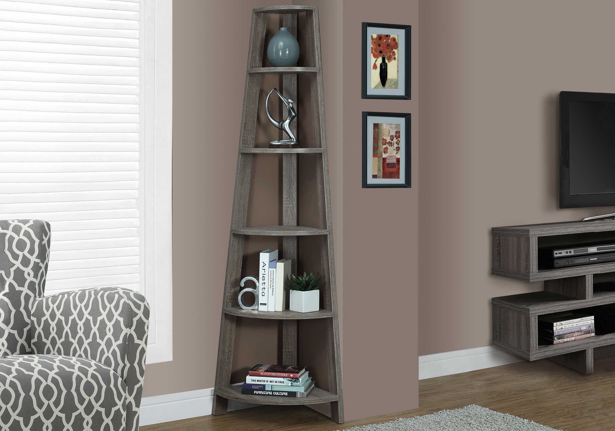 BOOKCASE - 72"H / DARK TAUPE CORNER ACCENT ETAGERE # I 2497