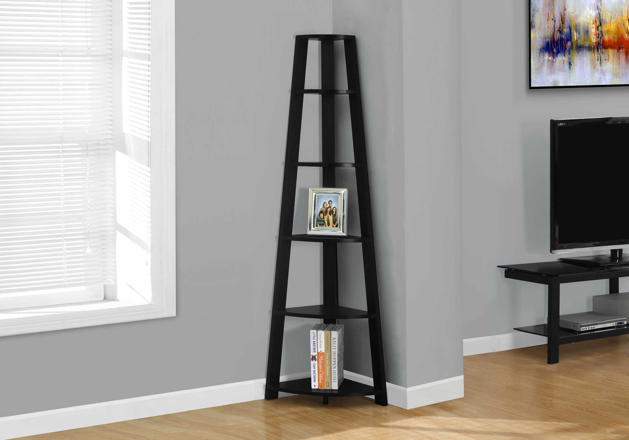 BOOKCASE - 72"H / BLACK CORNER ACCENT ETAGERE # I 2499