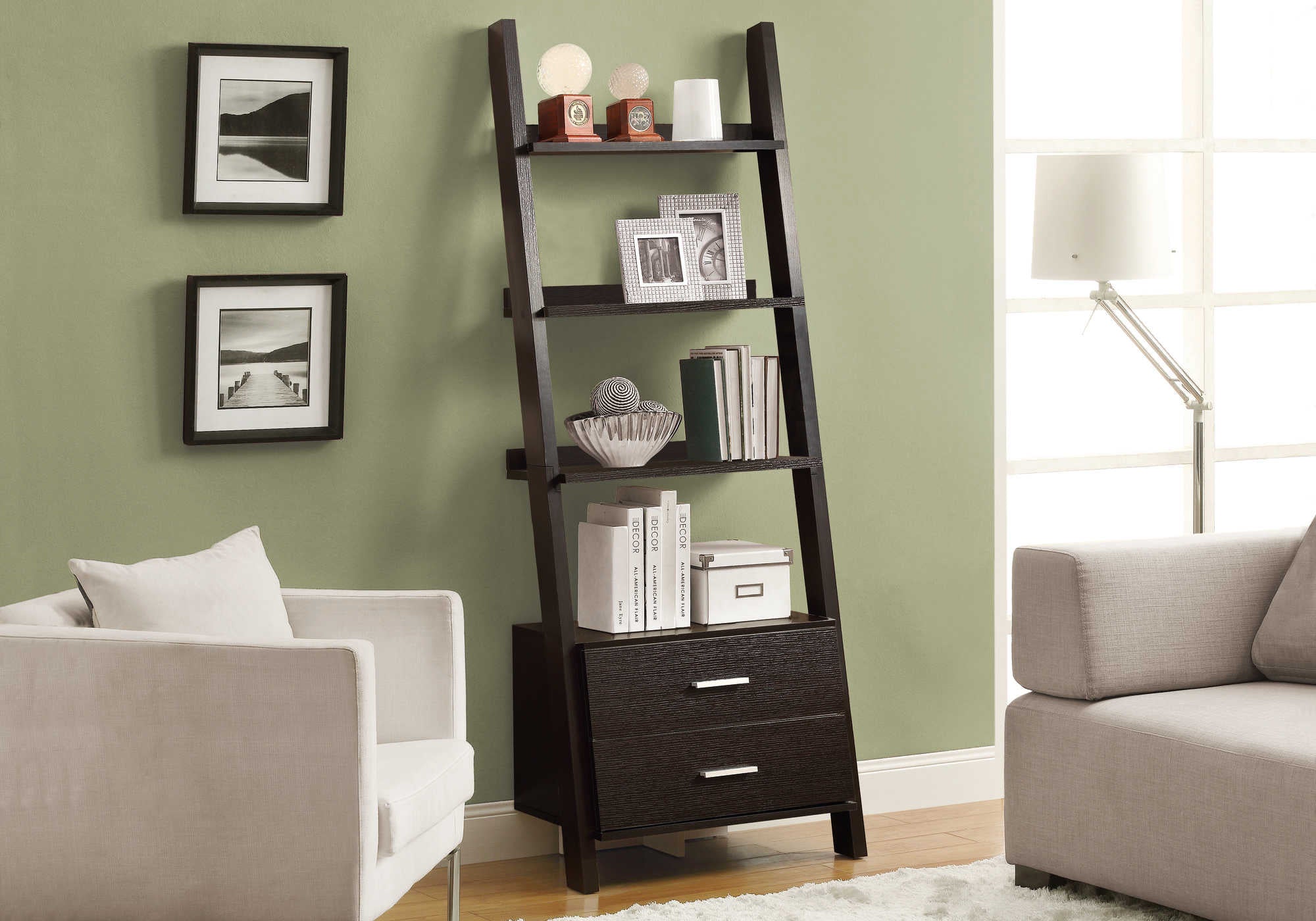 BOOKCASE - 69"H / ESPRESSO LADDER W/ 2 STORAGE DRAWERS # I 2542