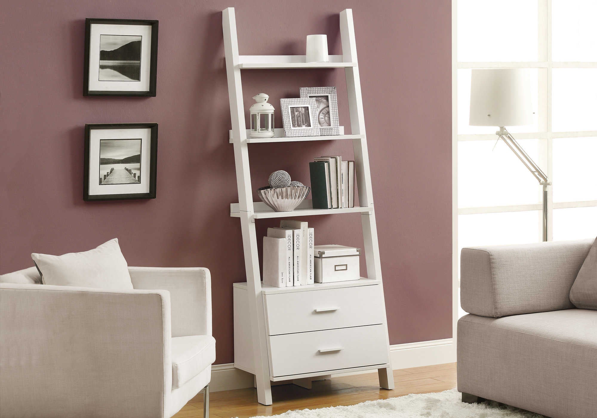 BOOKCASE - 69"H / WHITE LADDER WITH 2 STORAGE DRAWERS # I 2562