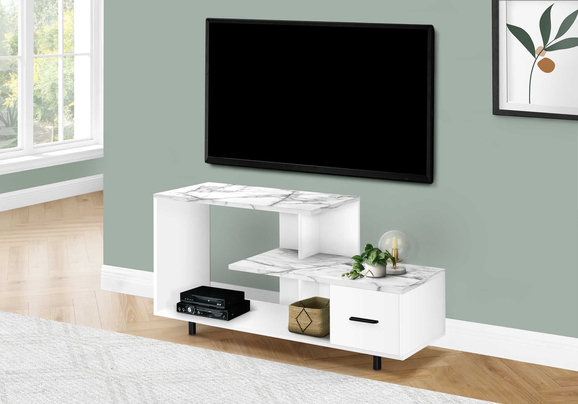 MEUBLE TV - 48"L / BLANC / DESSUS EN MARBRE BLANC / 1 TIROIR # I 2609