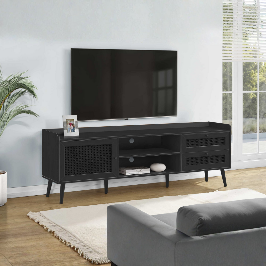 Meuble TV Ravix – 183 cm (72 po) – Noir avec rangement