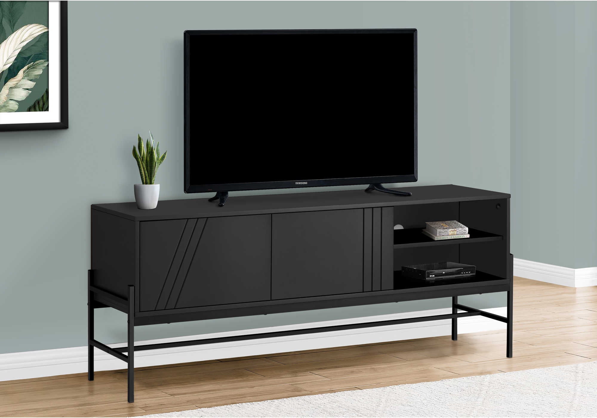 MEUBLE TV - 60"L / NOIR / MÉTAL NOIR AVEC RANGEMENT # I 2734